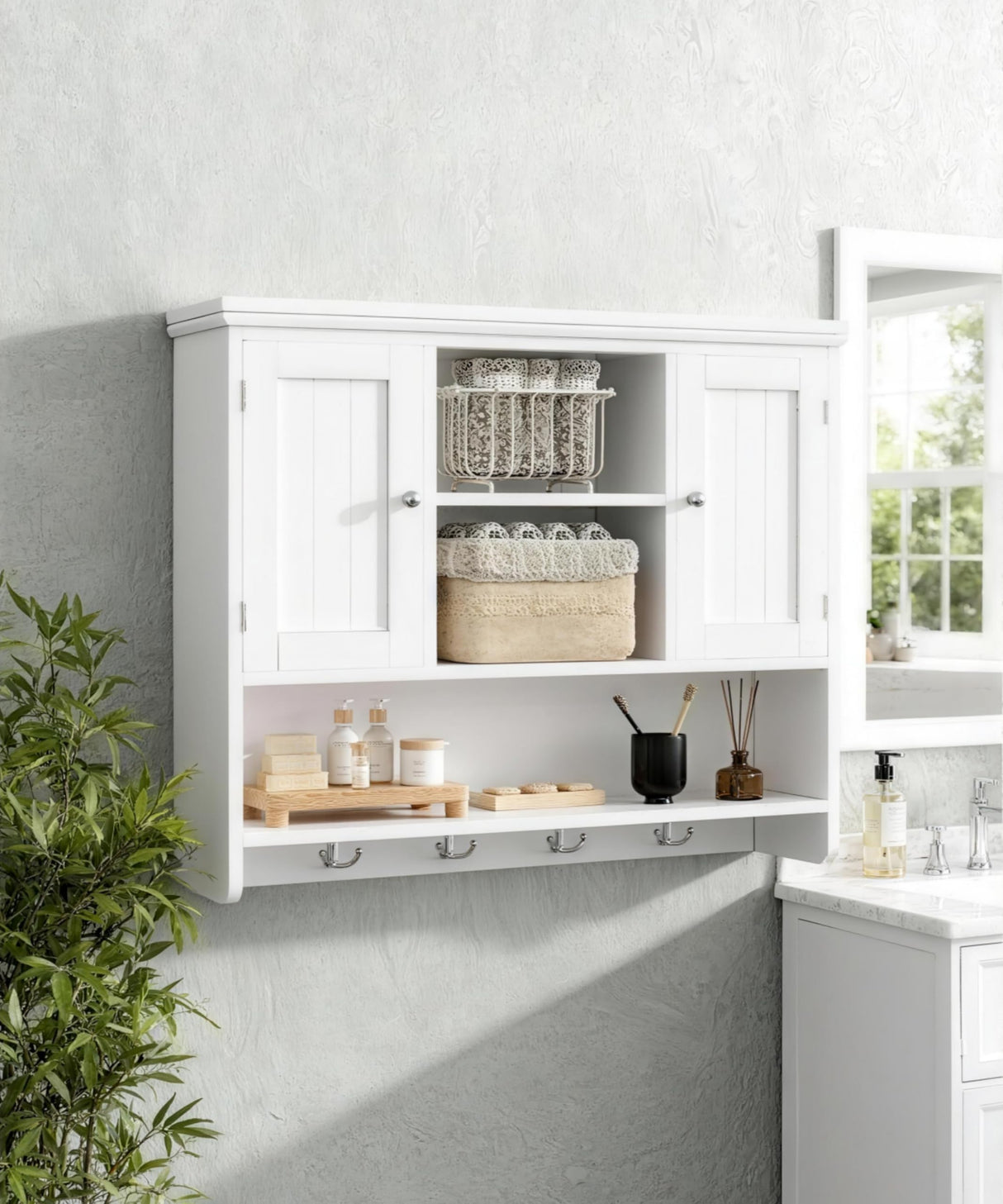 Irontar 31.5" L Large Medicine Cabinet with 4 Hooks, Wooden Bathroom Wall Cabinet with Shelf, Modern Hanging Cabinet Over Toilet, Lined Door, for Living Room, Entryway, Kitchen, White Irontar