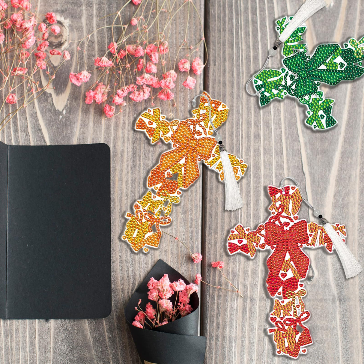 Cross Diamond Art Painting Bookmarks - 6 PCS Colorful Bow Design Bookmarks Kit with Tassel DIY Coquettte Gem Art Craft Christmas New Year Religions Birthday Gift for Reading Lovers INCOK