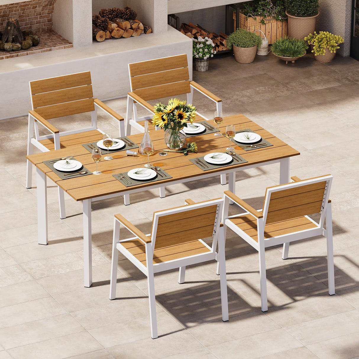 Oasbira Outdoor Dining Set for 4, Patio Table and Chairs Set with Umbrella Hole, 5 Pieces HDPS Outdoor Furniture Sets for Patio, Garden, Backyard (White & Teak) Oasbira