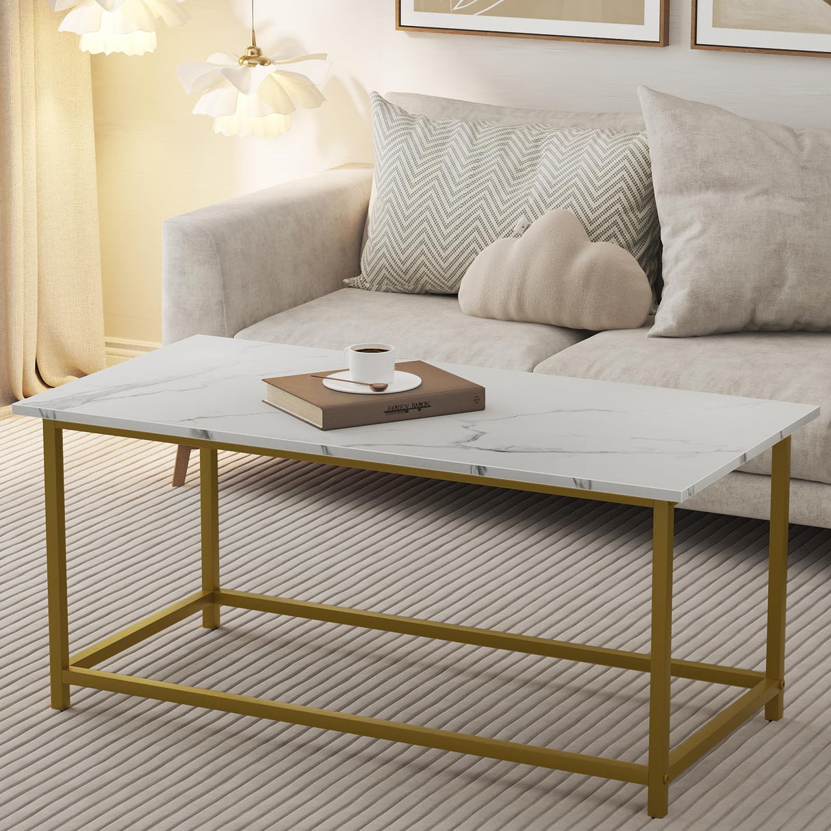 SAYGOER White Faux Marble Coffee Table Simple Modern Rectangular Coffee Tables Open Design Minimalist Center Table for Living Room Office, 39.37 x 19.69 x 17.72, White Gold SAYGOER