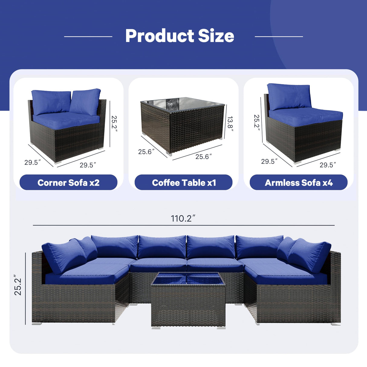 ELEGIBLISS 7 Pieces Patio Furniture Set - Outdoor Sectional Wicker Rattan Furniture with Cushion and Glass Table Patio Conversation Sets for Porch Poolside Backyard Outdoor Sofa Set Modular Sofa ELEGIBLISS
