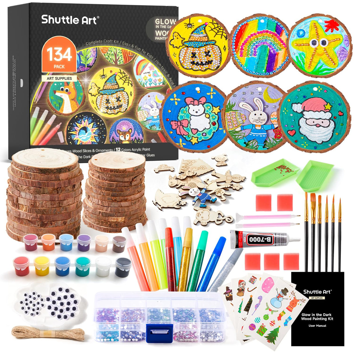Kids Wood Painting Craft Kit, Glow-in-the-Dark Paint and Diamond Painting on Wood Slices with Stickers & Wiggle Eyes, Ideal Arts and Crafts for Kids Ages 5-12, Gifts for Halloween, Christmas, Birthday Shuttle Art