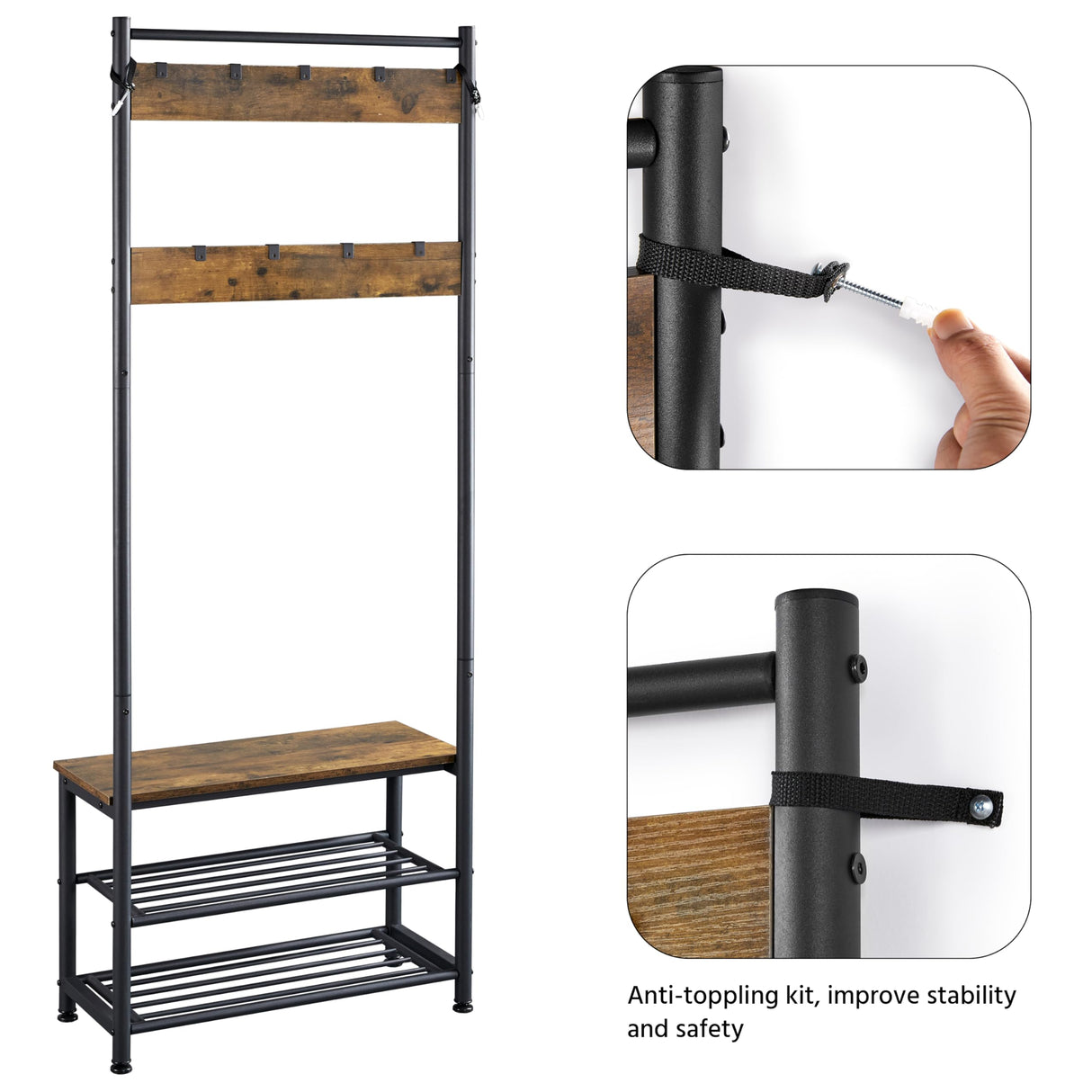 Yaheetech 3-in-1 Hall Tree Coat Rack Shoe Bench with 9 Hooks and Storage Shelf, Industrial Entryway Storage Shelf Bench, Easy Assembly, Rustic Brown Yaheetech