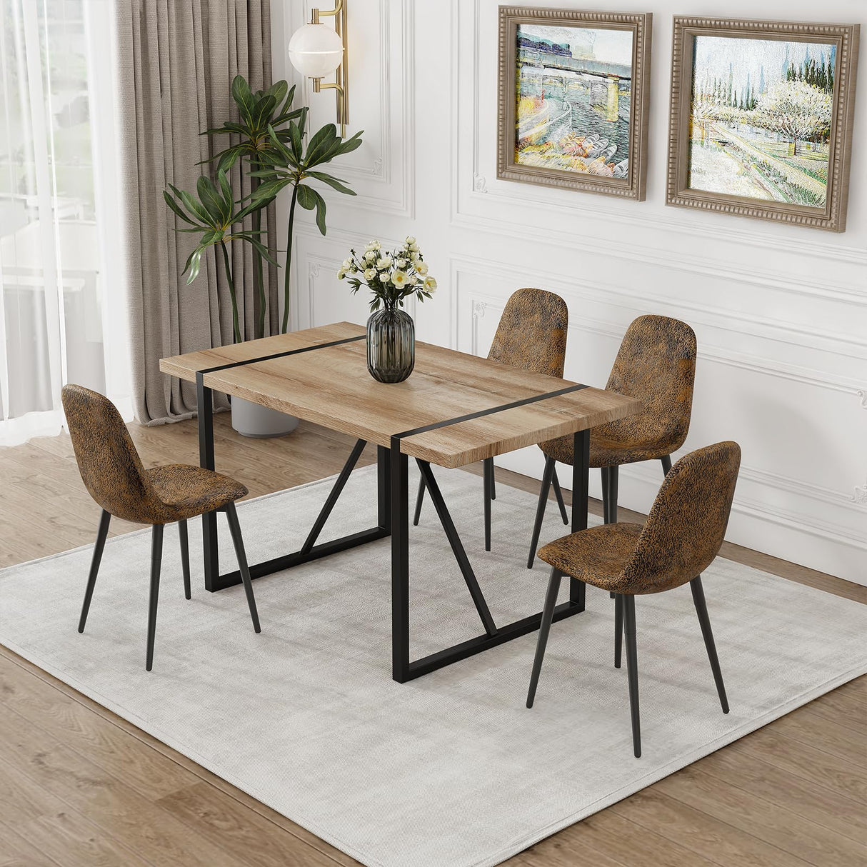 WIIS' IDEA Modern Dining Table Set for 4,Rectangular Solid Wood Dining Table for 4 People,Metal Base and Legs,Suitable for Living Room,Dining Room,Kitchen(55" Dining Table+4 Brown Dining Chairs) WIIS' IDEA