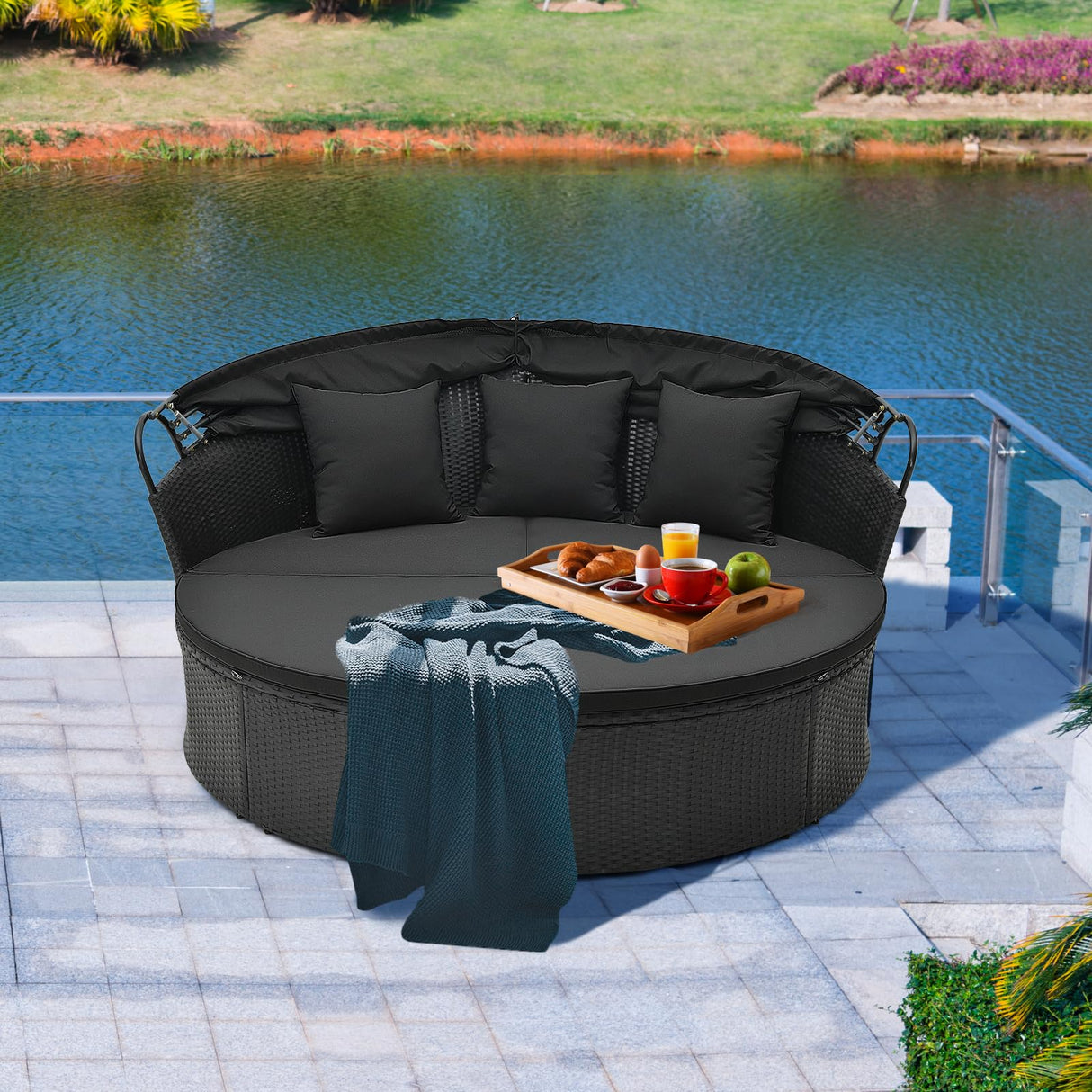 Tangkula Outdoor Patio Round Daybed with Retractable Canopy, Black Rattan Wicker Furniture Sectional Seating with Cushions and Throw Pillows, Seating Separates Cushioned Seats for Backyard (Black) Tangkula