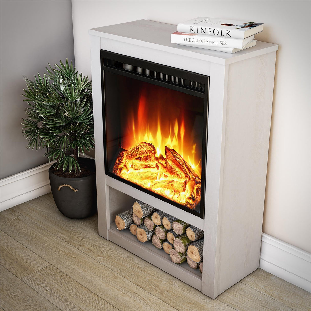 Ameriwood Home Clermont 22 Inch Electric Fireplace with Mantel and Shelf, Replaceable Fireplace Insert Heater, Realistic Log and Flame Effect, for Living Room or Bedroom, Ivory Oak Ameriwood Home