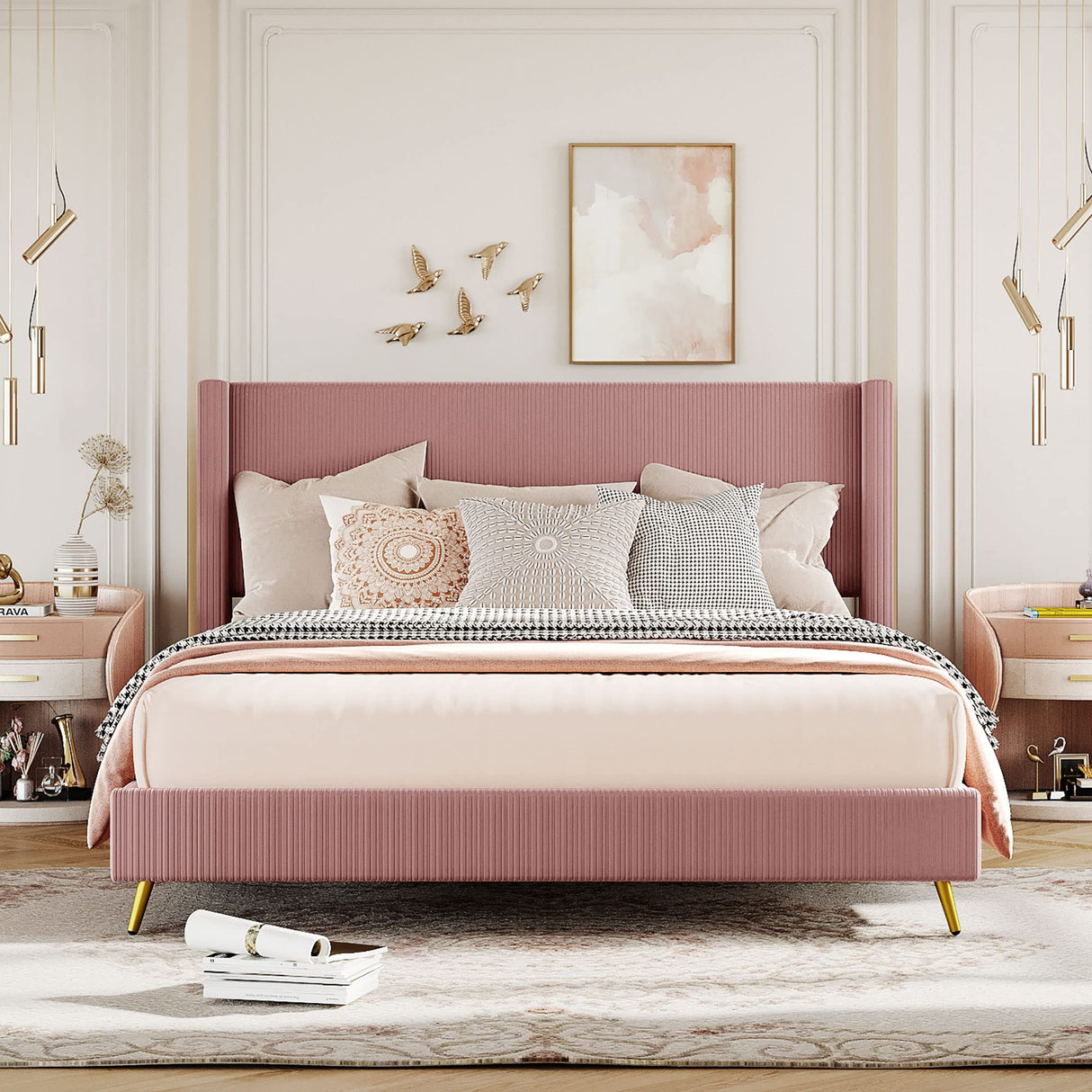 Harper & Bright Designs Pink Corduroy Queen Platform Bed Frame with Headboard and Strong Wooden Slats, Non-Slip and Noise-Free, Upholstered Queen Size Bed Frame for Bedroom, No Box Spring Needed Harper & Bright Designs