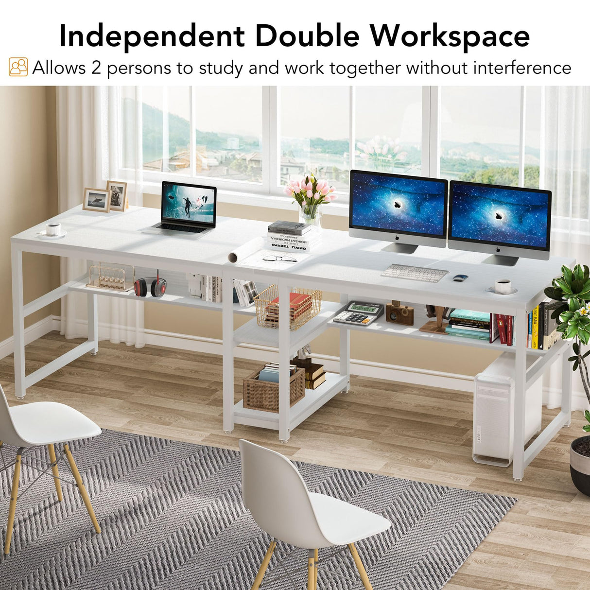 Tribesigns 78-Inch Rustic Double Desk with Bookshelf for Two-Person Workstation in White Tribesigns