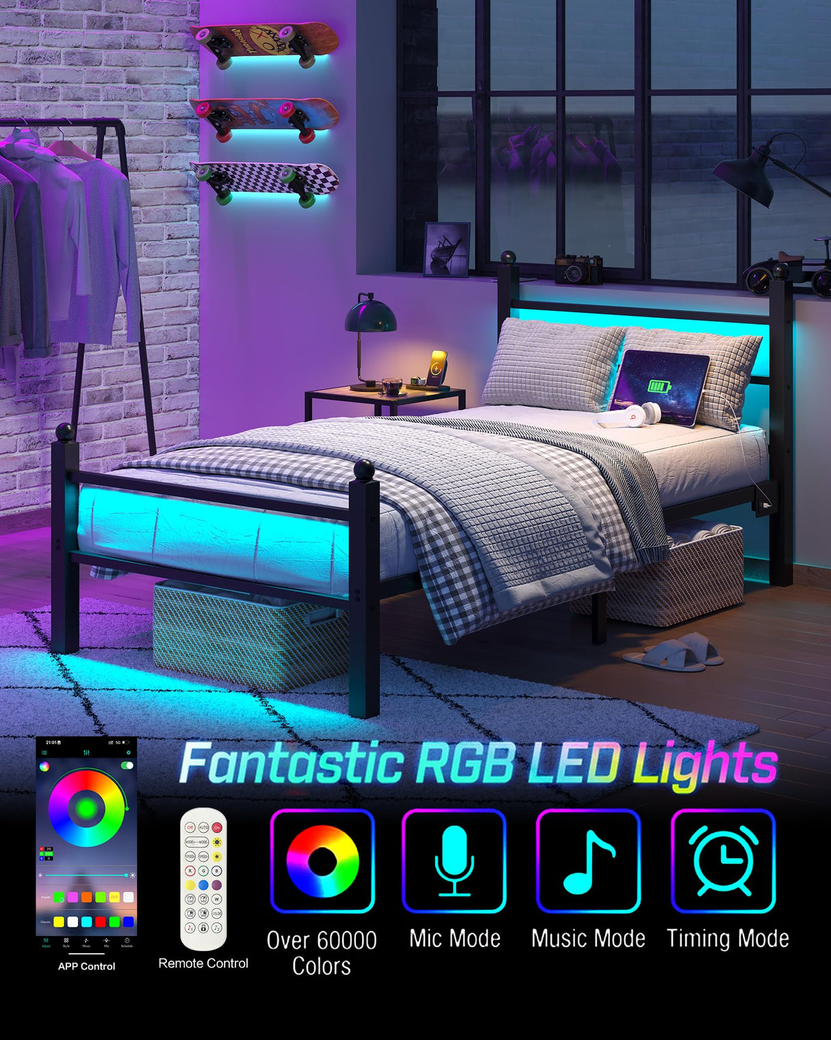 CollaredEagle Twin Bed Frame with Headboard and Footboard,Heavy Duty Steel Slats Support Metal Bed Frame with Charging Station, Black CollaredEagle