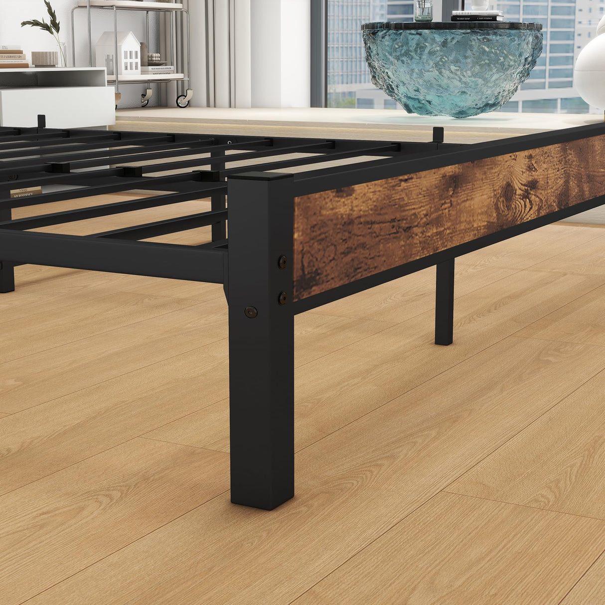 DUMEE Queen Size Bed Frame with Wood Storage Headboard - Metal Platform Design, No Box Spring Needed, Noise-Free, Black & Rustic Brown DUMEE