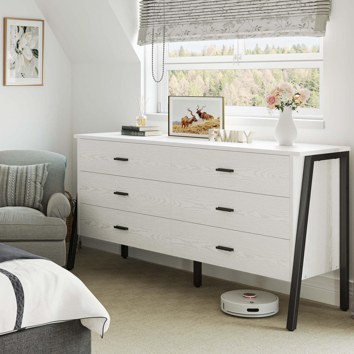 LIKIMIO 6 Drawer Double Dresser for Bedroom, 59" Chest of Drawers, White Dresser, TV Stand Large Storage Organizer Furniture in Living Room,Closet,Hallyway LIKIMIO