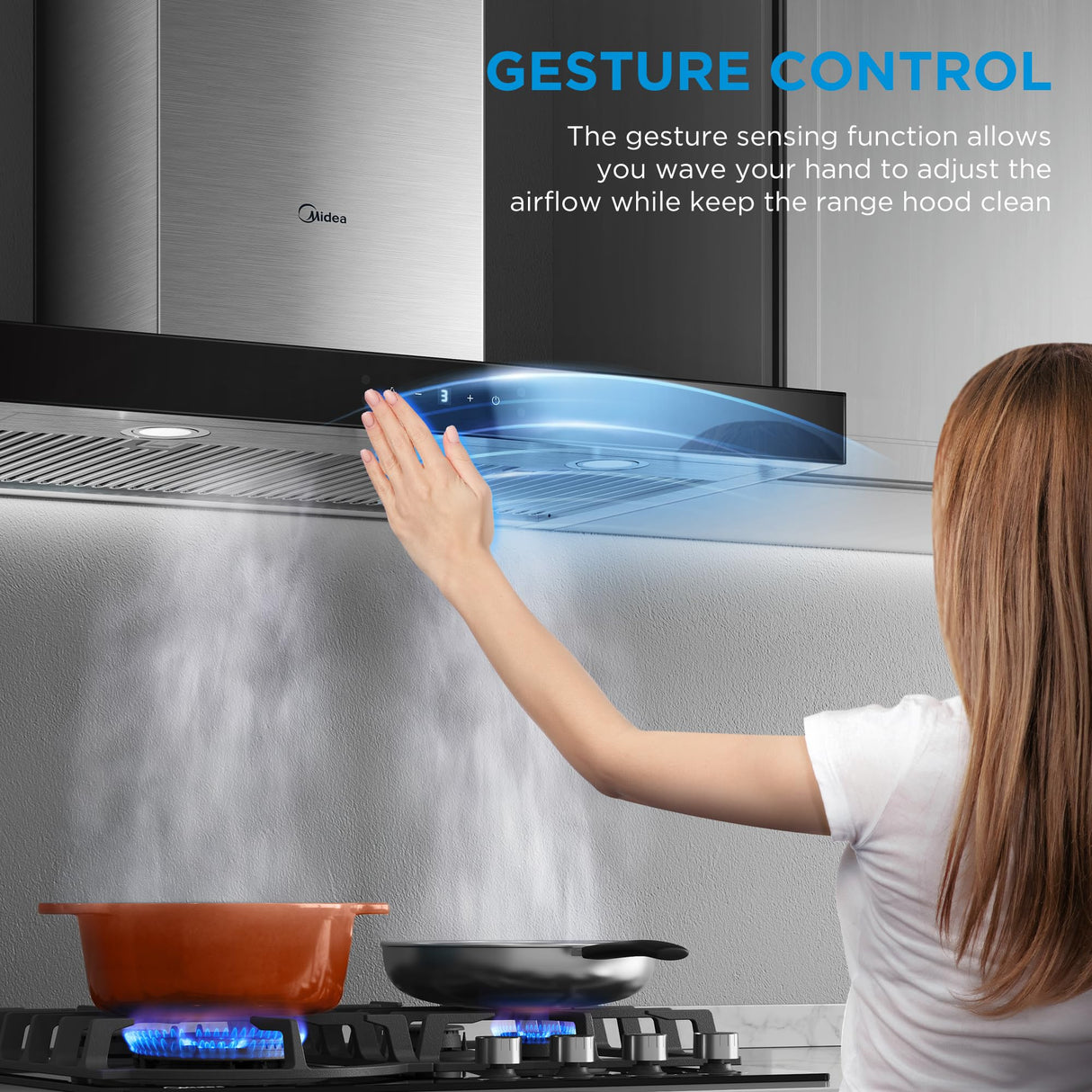 Midea MVT30W9AST Range 30 Inch 450CFM Vent T Shape Stove Hood with 5-Layer Aluminum Permanent Filters Kitchen, Ductless Convertible, 3 Speed Exhaust Fan, Stainless Steel Midea