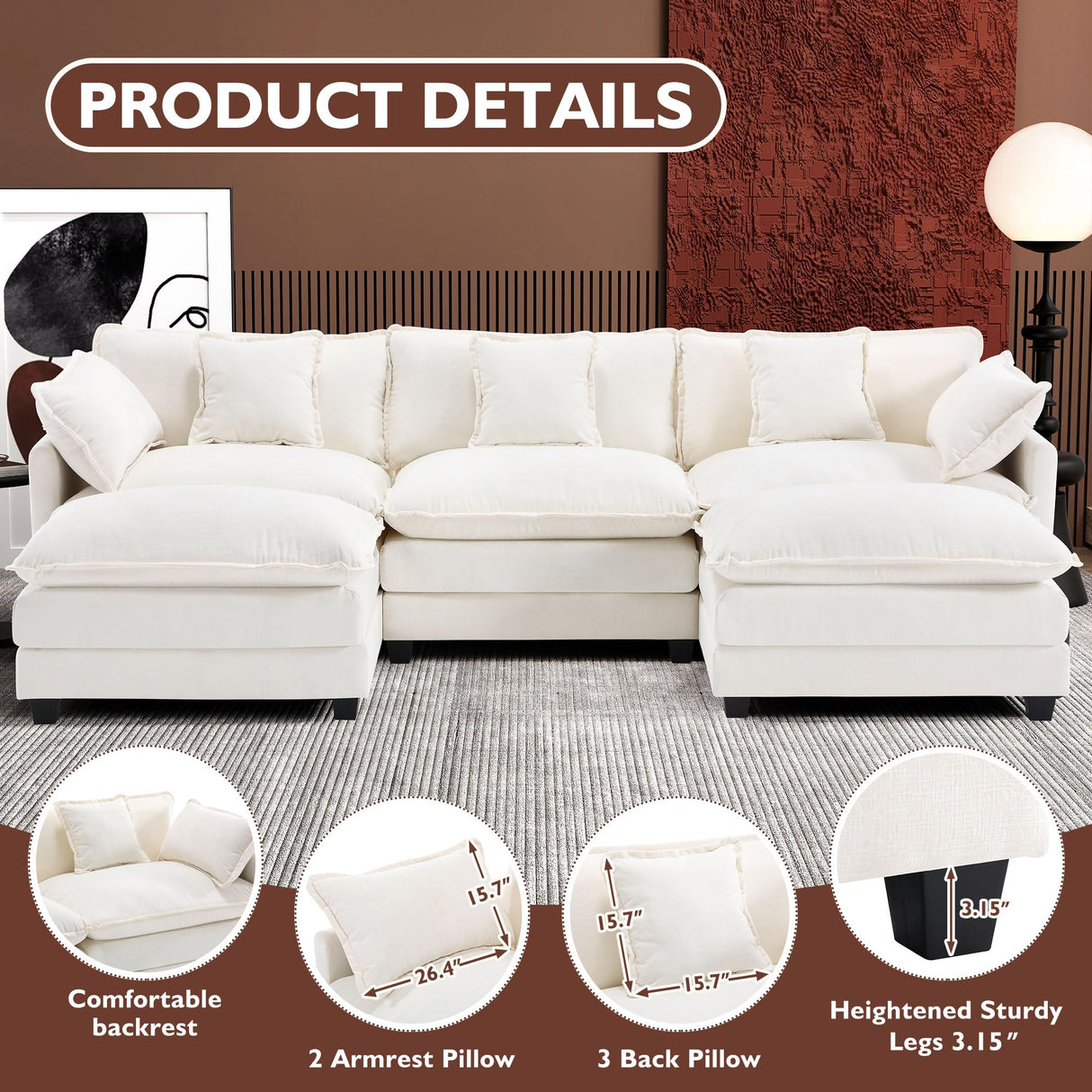 Ihanherry 111.4" U Shaped Cloud Couch Modern Modular Sectional Sofa with 2 Ottoman, 5-Seat Chenille Deep Seat Sofa with 5 Pillows for Living Room, Bedroom and Apartment, Beige Ihanherry