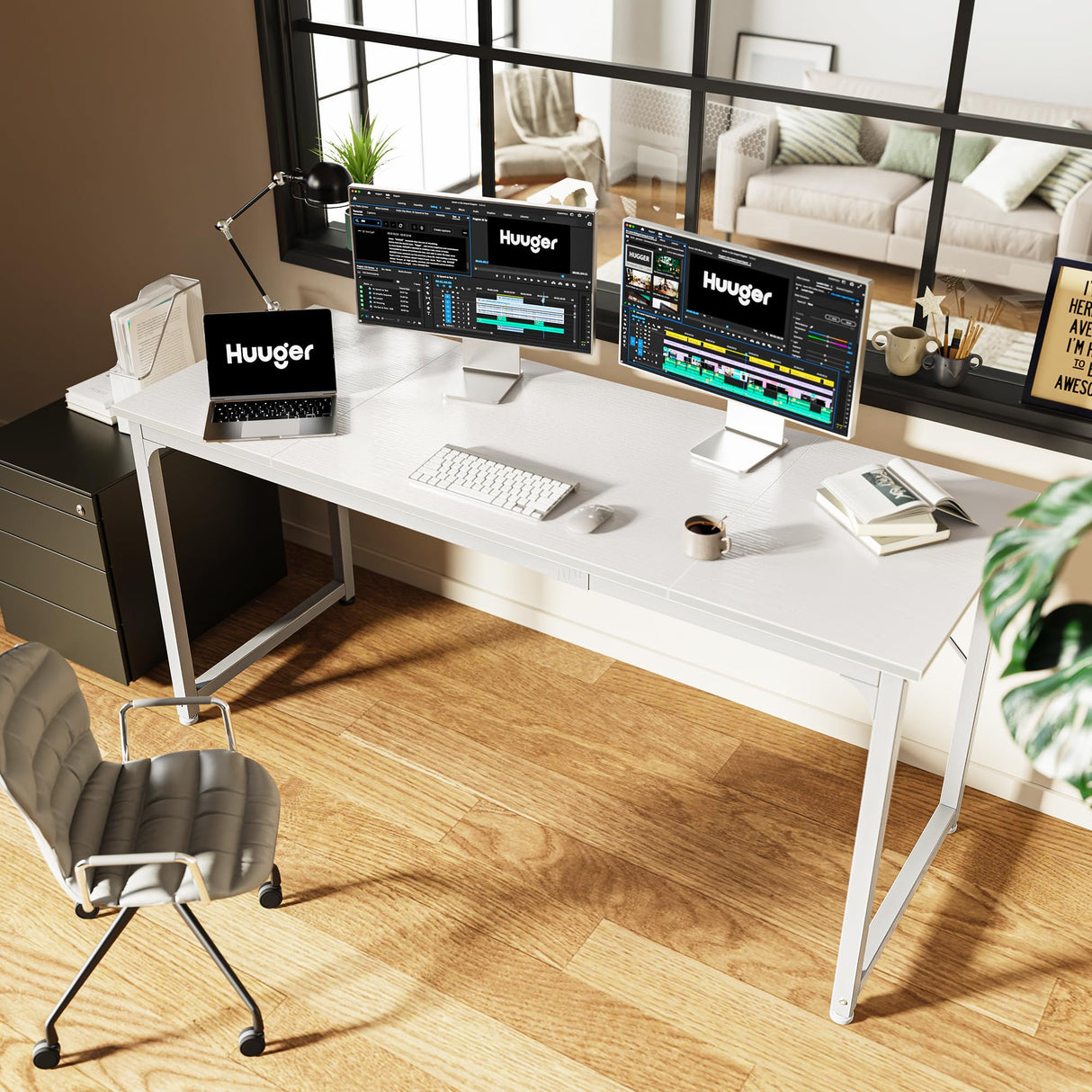 Huuger Computer Desk, 63 Inch Office Desk, Gaming Desk with Storage, Writing Desk Work Desk for Home Office, Study, Modern Simple Desk, Large Legroom, Metal Frame, White Huuger