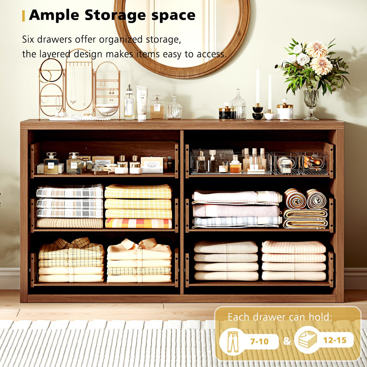 Ieejdn 55.12" Modern Chest of Drawer, 6 Deep Drawers,Clothes Organizer,Large Storage Cabinet for Living Room, Bedroom,Dresser TV Stand, Wood Drawer Organizer for Living Room, Hallway, Saddle