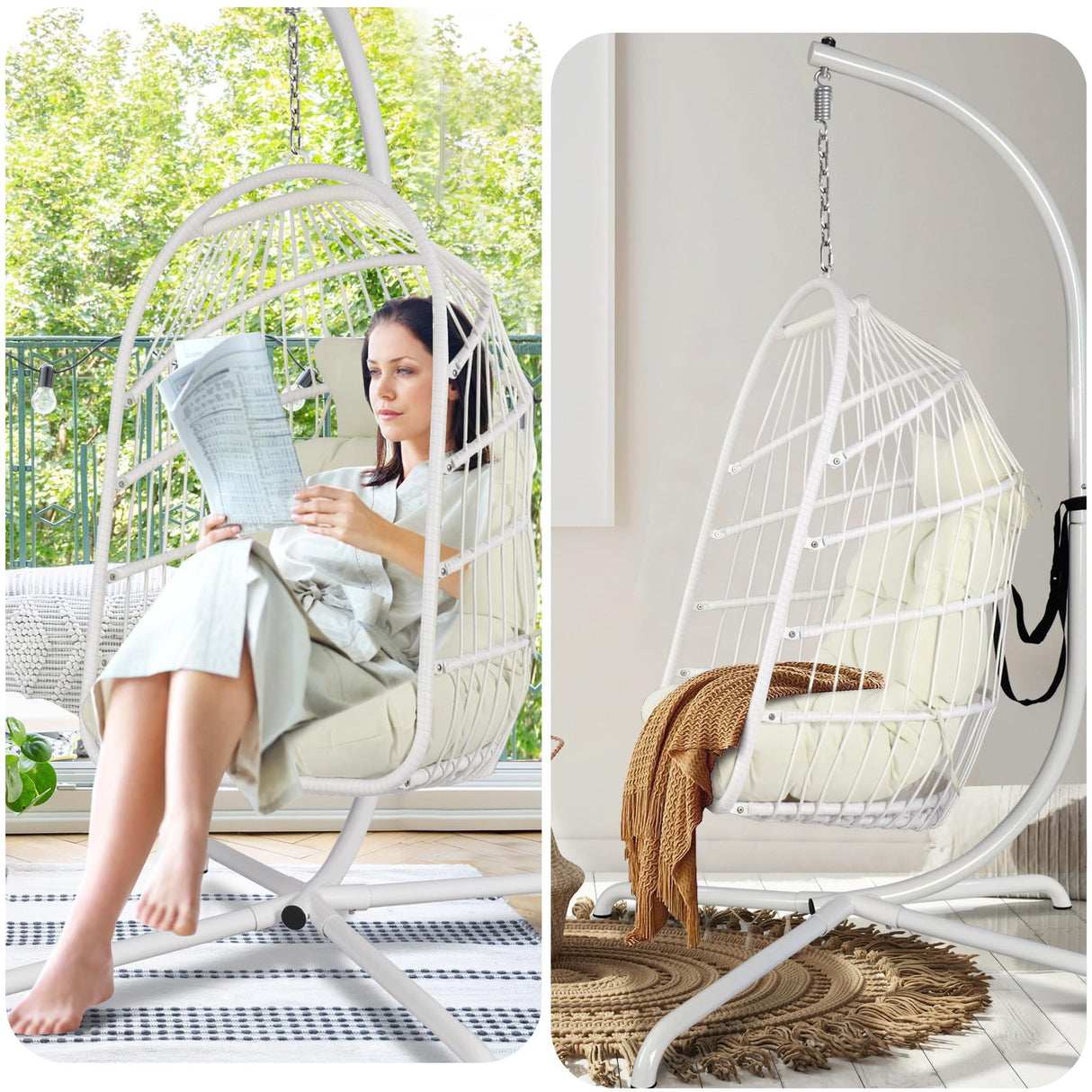 Chihee Egg Chair with Ultra Strong Stand and Cushion Foldable Wicker Rattan Hanging Chair Swing Chair Indoor Outdoor Patio Lounging Chair Hammock Chair 330 lbs Capacity Balcony Porch Bedroom Garden Chihee
