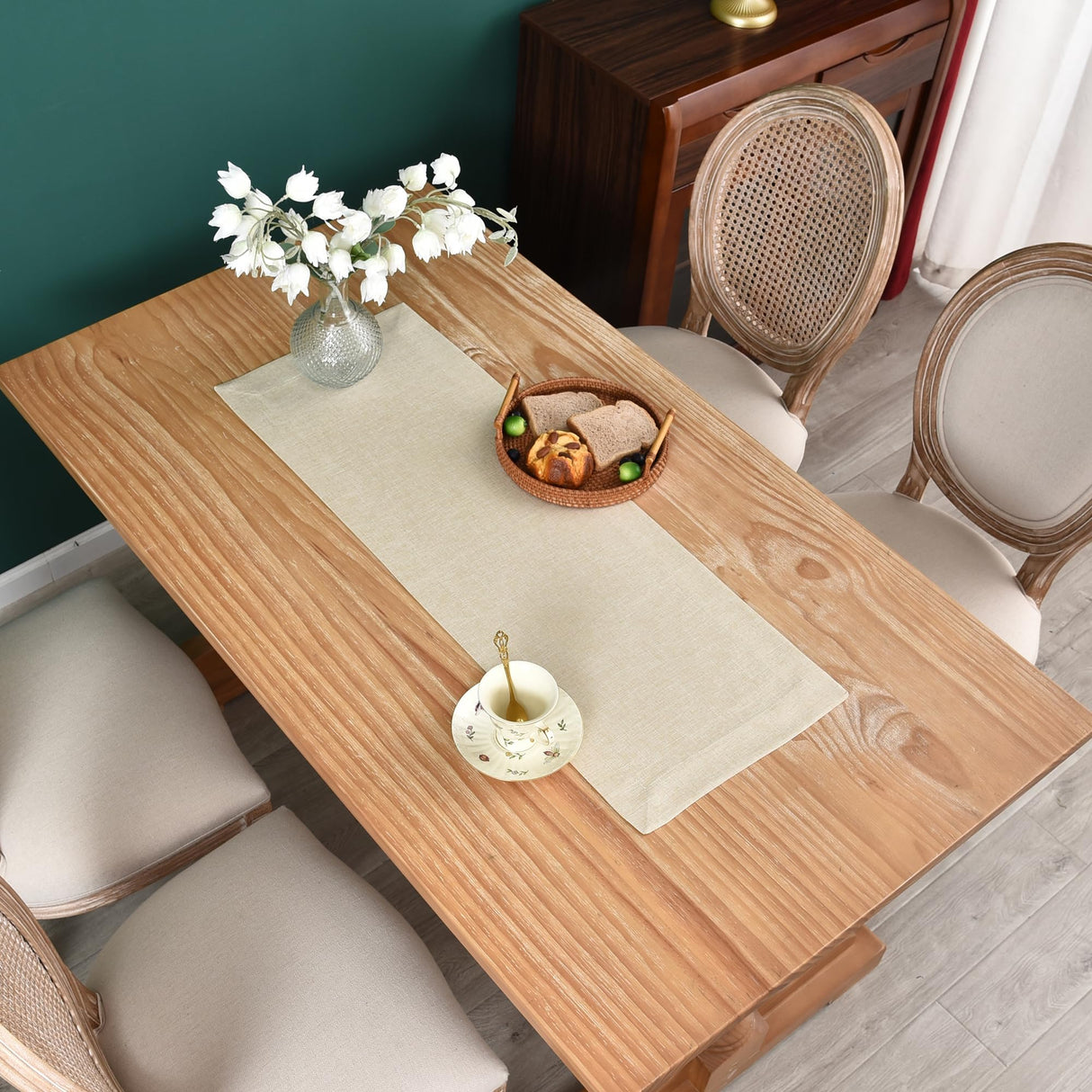 NEWISHER Farmhouse Rustic Table Runner Solid Beige Rectangular Table Runners Faux Linen Table Runner for Everyday Use Kitchen Dining Party Table 13x36 Inch NEWISHER