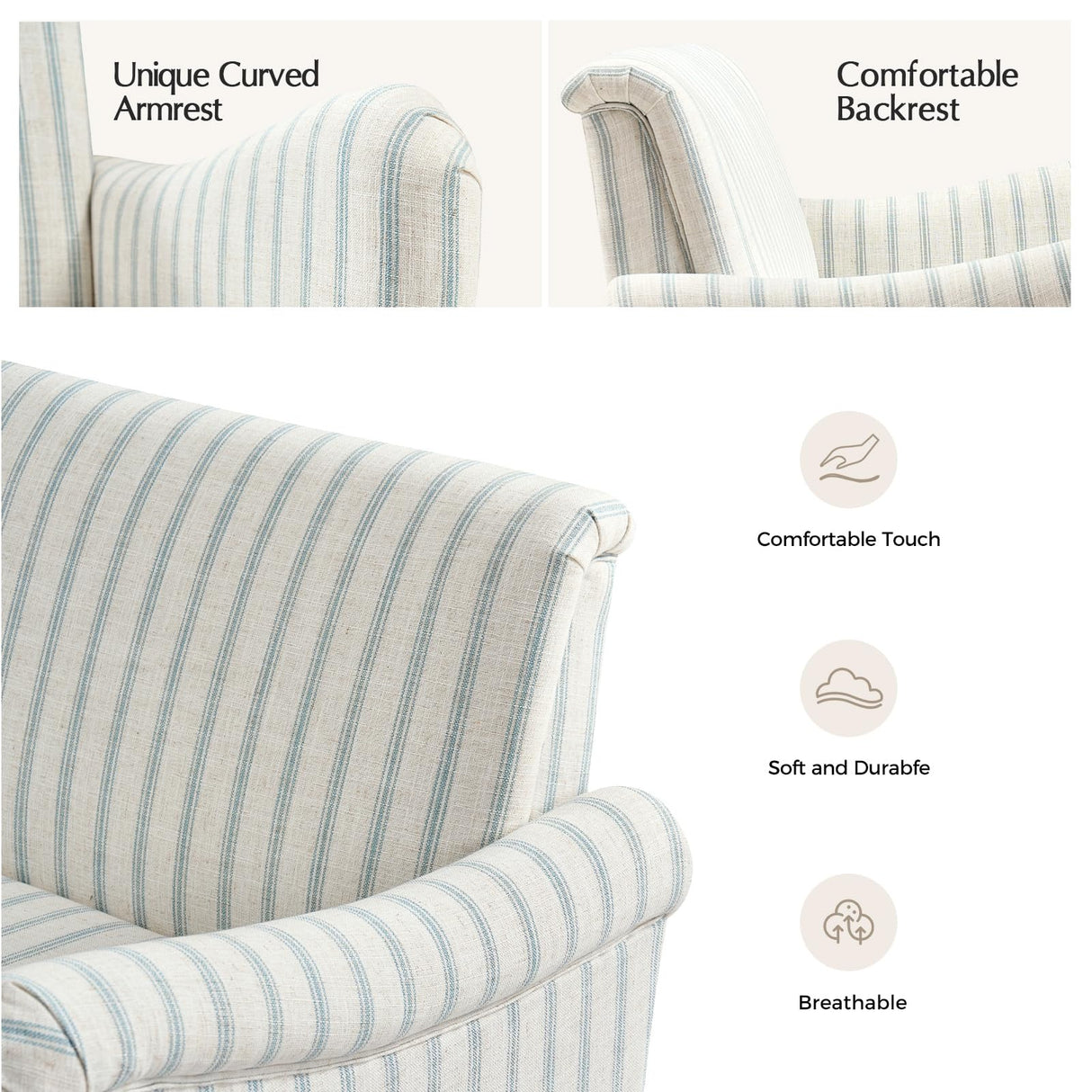 EcoHarbor Living 50.5" Mid-Century Modern Couch, Upholstered Sofa with Armrests, Stripe Mini Loveseat Couches for Small Space, Living Room, Bedroom, Office, Apartment, Blue EcoHarbor Living