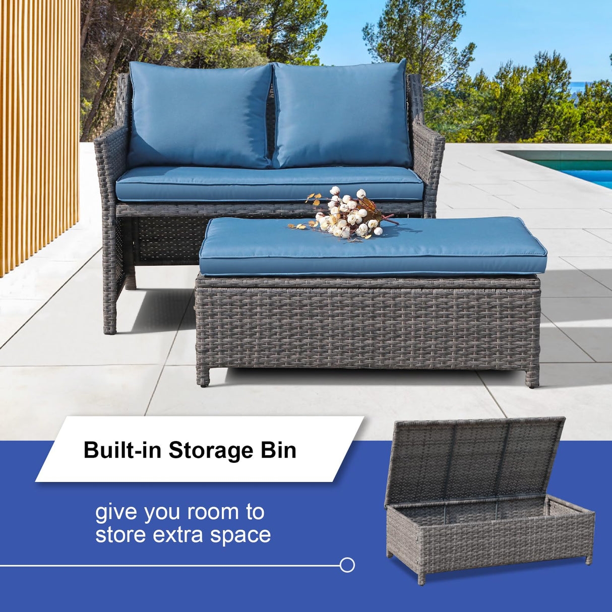 OC Orange-Casual 2-Piece Outdoor Patio Furniture Wicker Love-seat and Coffee Table Set, with Built-in Storage Bin, Grey Rattan, Navy Blue Cushions OC Orange-Casual