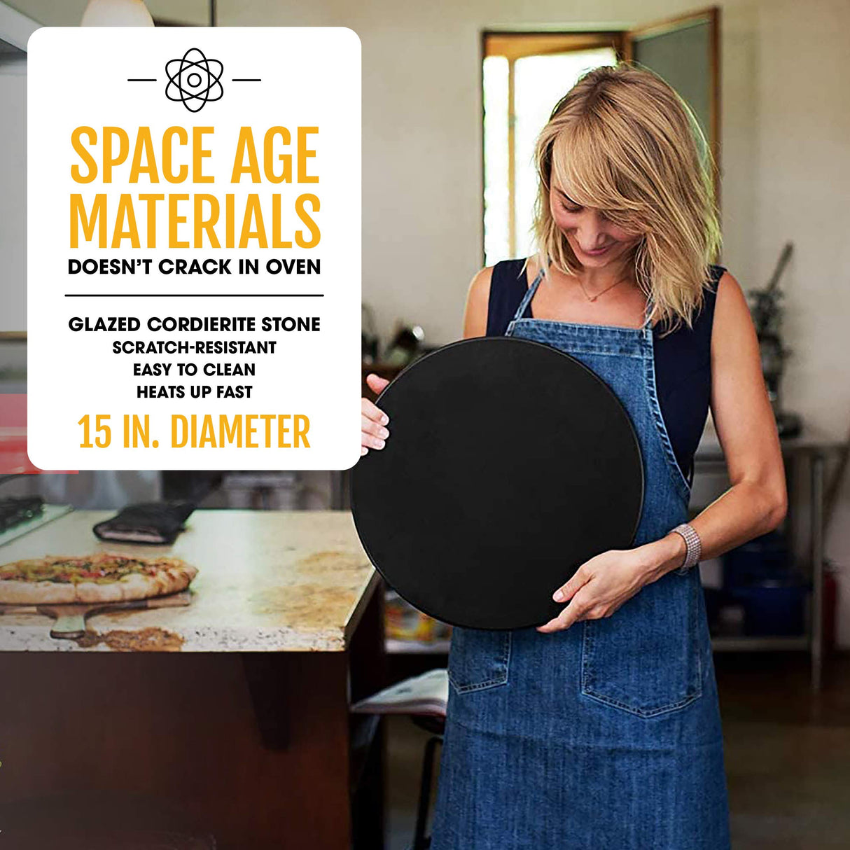 Heritage 15" Ceramic Pizza Stone Set - Non-Stick, Stain-Free with Bonus Cutter - Black Heritage Products