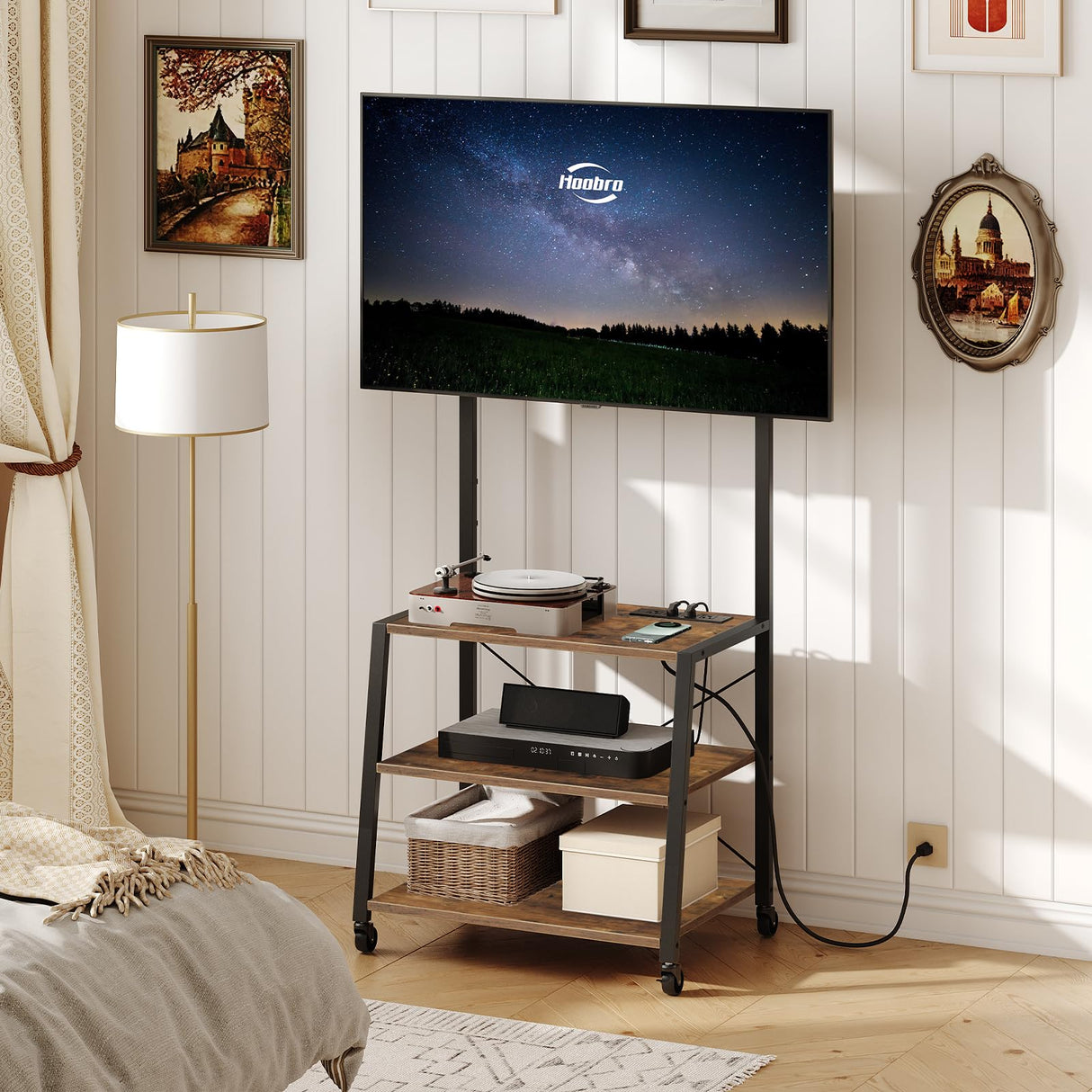 HOOBRO Rolling TV Stand with Mount and Power Outlet Up to 55 inch TV, Corner Entertainment Center, Small TV Stand with 3-Tier Storage Shelves for Living Room, Bedroom, Rustic Brown and Black BF66UDS01 HOOBRO