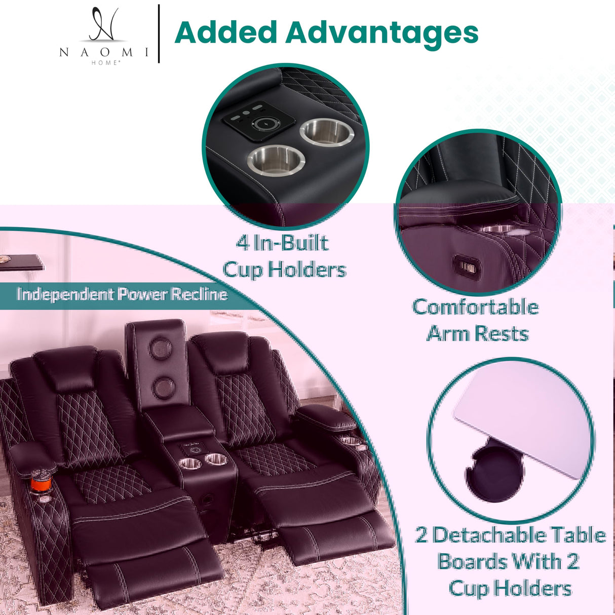 Home Theater Seating, Gaming Chairs for Adults, Wireless Charging Movie Theater Chairs, Power Recline Loveseat with 6 Cup Holders and Tray, Powerful in-Built Speaker, USB Ports, Air Leather – Black Naomi Home