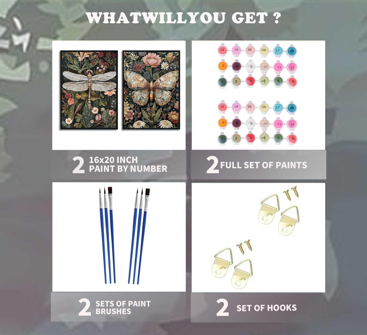 2 Pack Paint by Number Kit 16x20inch Dragonfly Butterfly Insect Art, DIY Painting Set with Floral Background, Intricate Nature Inspired Craft for Home Decor Gift Generic