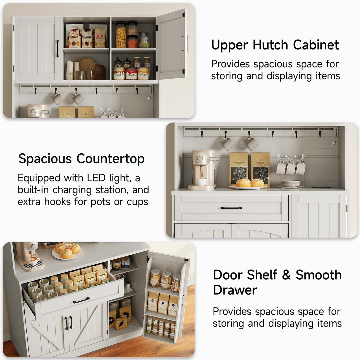 Lefurture 71” Tall Kitchen Pantry Cabinet with LED Light & Outlet & Drawer, Pantry Storage Cabinet with Microwave Shelf & 6 Hooks, Kitchen Hutch with Door Shelves & Adjustable Shelves, for Dining Room Lefurture