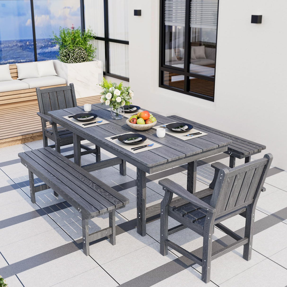 Pamapic 5 PCS Outdoor Dining Set, Spacious HDPE Outdoor Table with 2 Chairs and 2 Bench, Wood Grain Patio Furniture Sets with Elegant Armrest, All-Weather Patio Dining Table with Umbrella Hole, Gray Pamapic