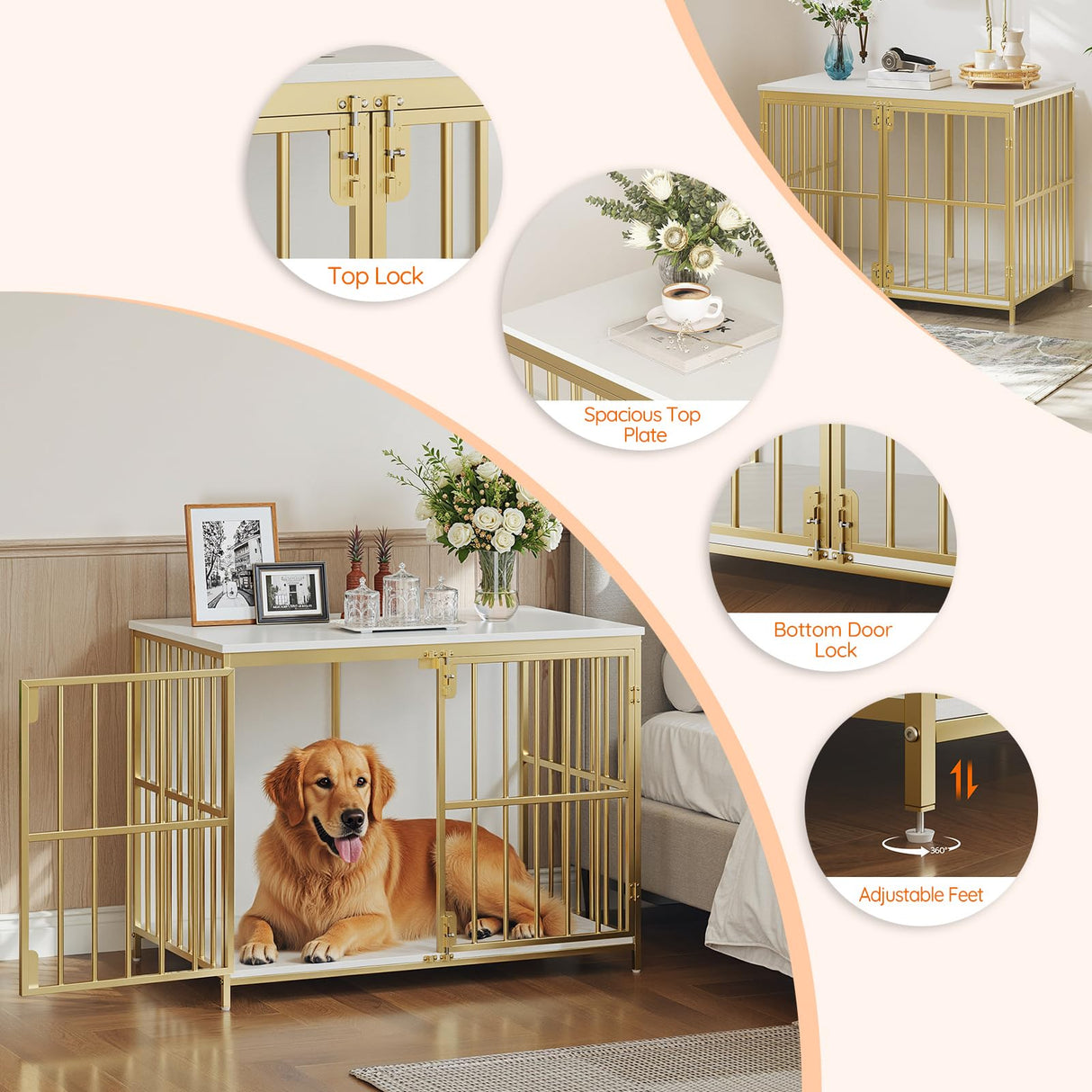 HOOBRO 38.6" Dog Crate Furniture, Wooden Indoor Dog Kennel, Decorative Dog Crate End Table, Chew-Resistant Heavy Duty Dog Crate for Small/Medium Dog, White and Gold DW100GW03 HOOBRO