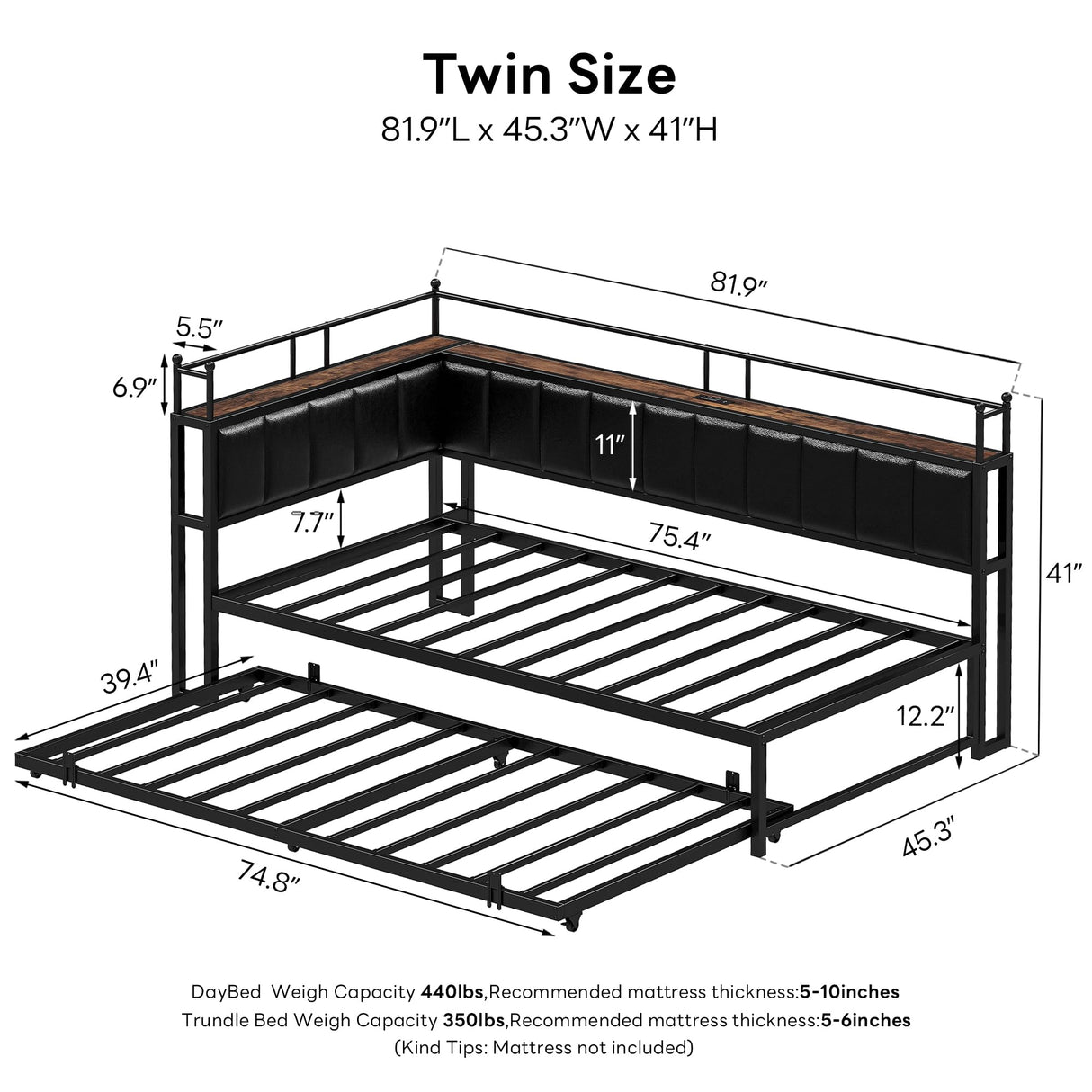 LIKIMIO Daybed with Trundle, Twin Corner Bed Fram with Bedside Storage,Sofa Day Bed for Living Room, Bedroom and Guest Room,Black LIKIMIO