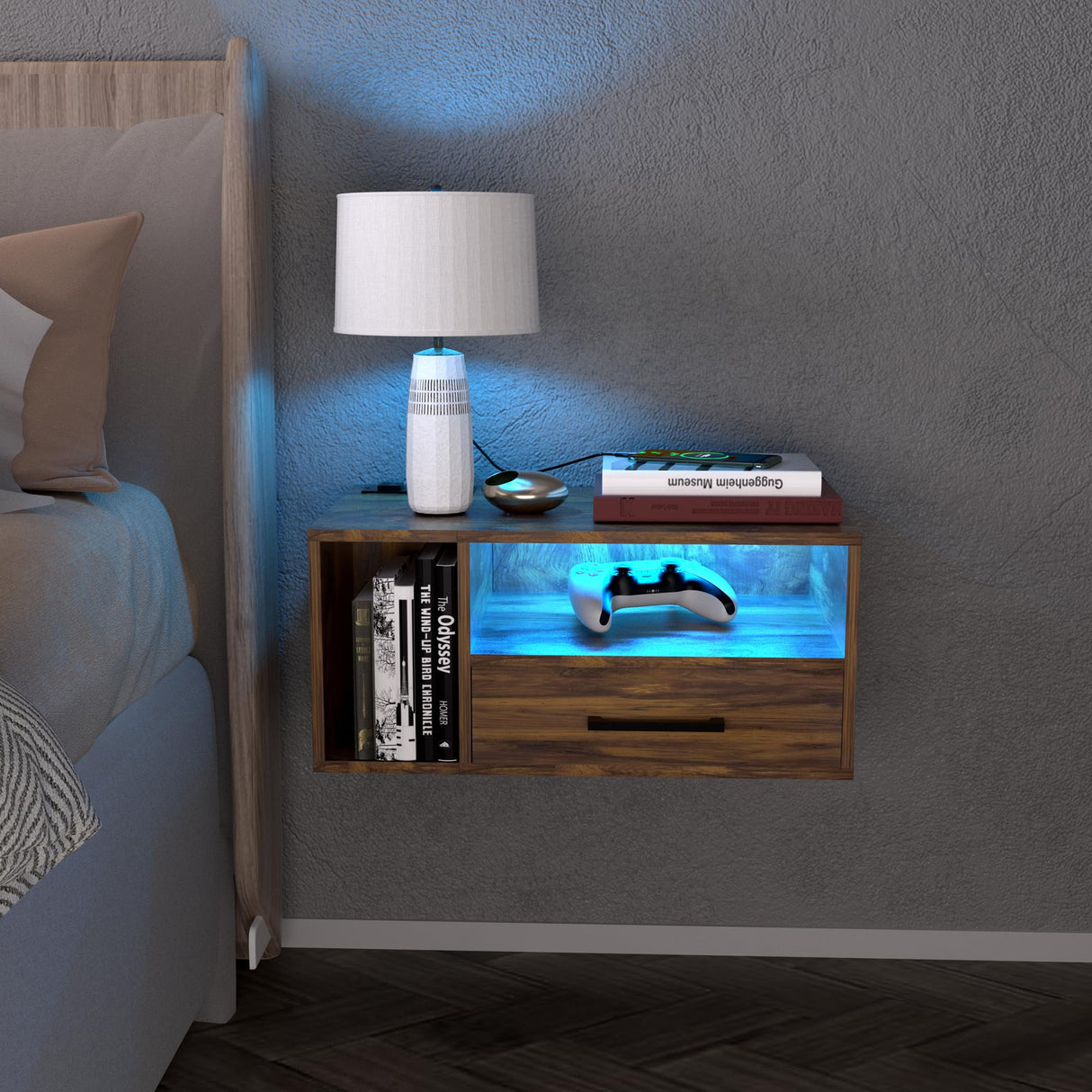 Homaterial Floating Nightstand with Charging Station and LED Lights, Floating Bedside Table with Drawers Wall Mounted Nightstands,for Bedroom Room, 21.3" x 11.8" x 10",Rustic Brown Homaterial