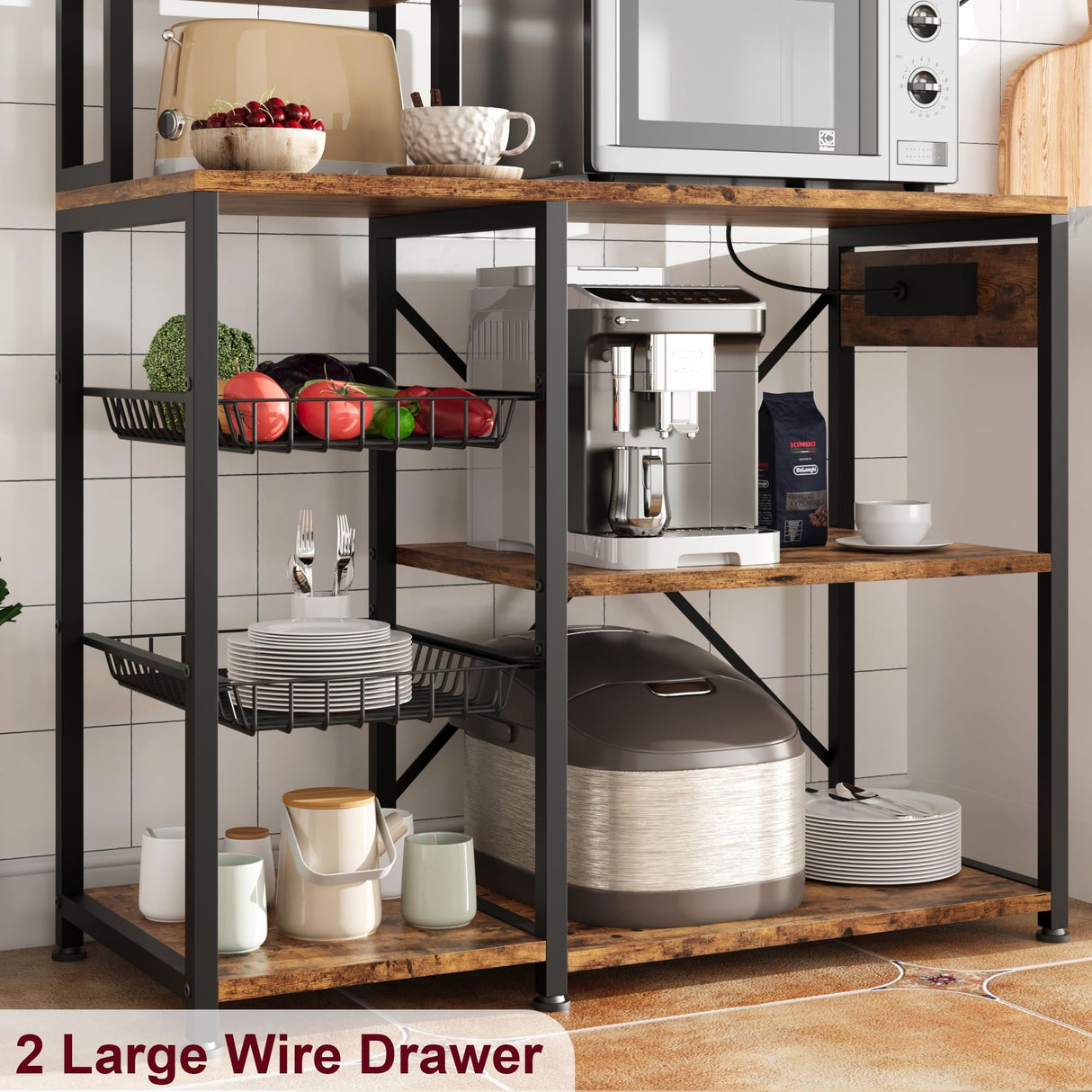 GarveeHome Bakers Rack with Power Outlets, 7-Tier Microwave Stand with 2 Wire Basket, 35.4 Inch Industrial Coffee Bar Station, Kitchen Large Bakers Rack with Storage for Pots, Dishes, Retro Brown GarveeHome