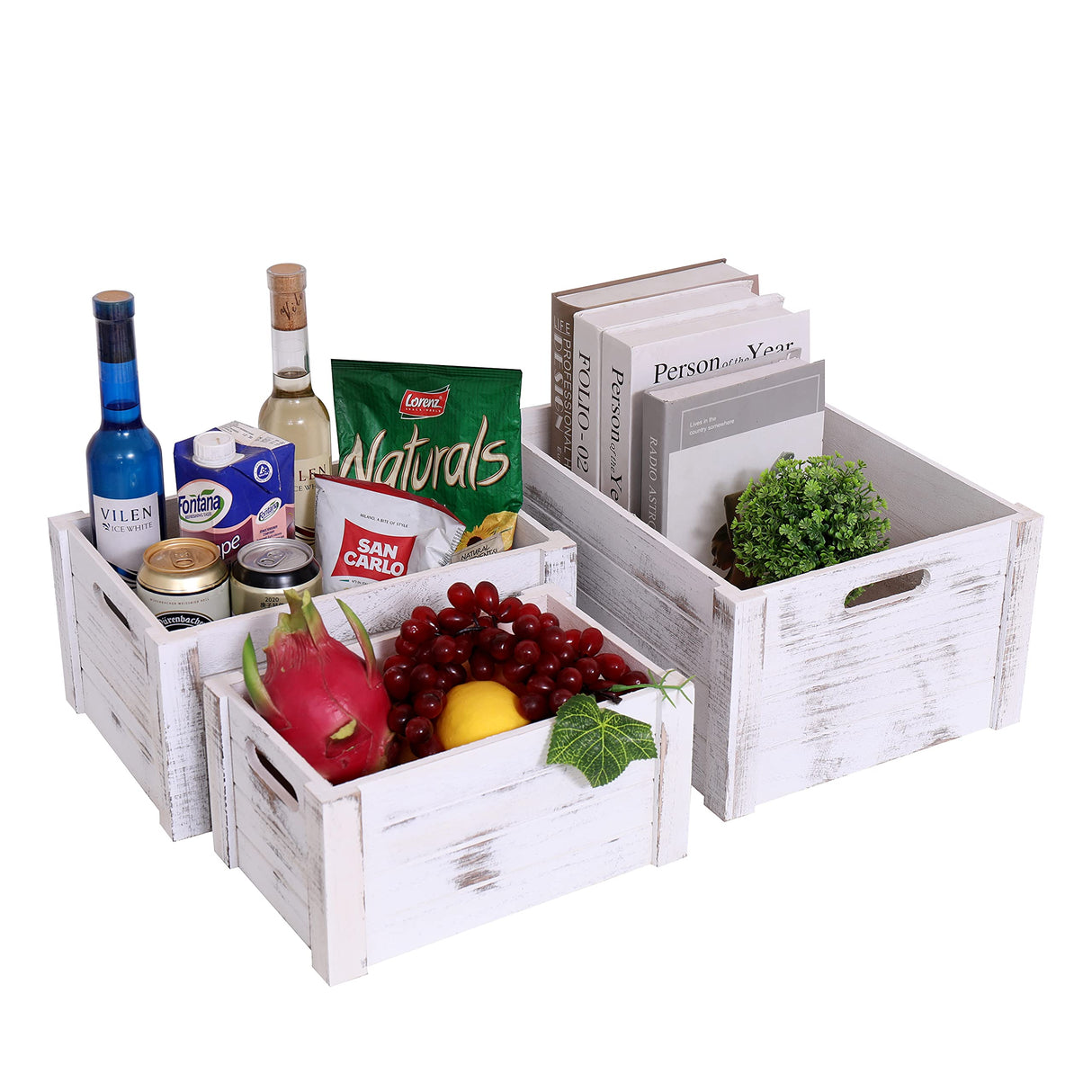 SENRYEE Farmhouse Antique White Wooden Crate For Storage,Rustic Decorative Boxes,Set Of 3 Extra Large Nesting Wooden Storage Crates For Home Decor,Handmade Natural Solid Wood Box (Rustic White) SENRYEE