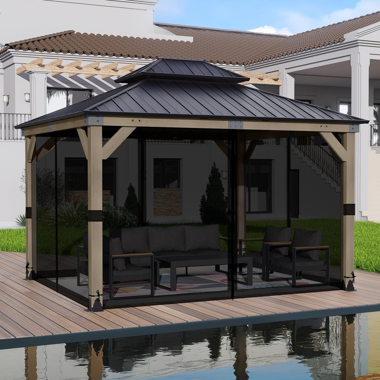 BPS 10' x 12' Gazebo Universal Mosquito Netting Screen Replacement, 4-Panel Screen Walls with Double Zippers for Outdoor Patio, Black (Mosquito Net Only) BPS