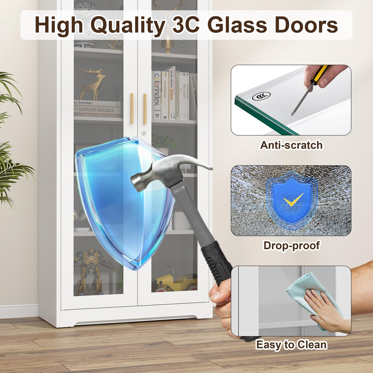 Glass Display Cabinet with Doors - White Metal Curio Cabinet with Lock Collectibles Storage Cabinet 71in Liquor Cabinet Retail Glass Display Cabinets with 4 Adjustable Shelves for Home Office TIMELESS PIECES