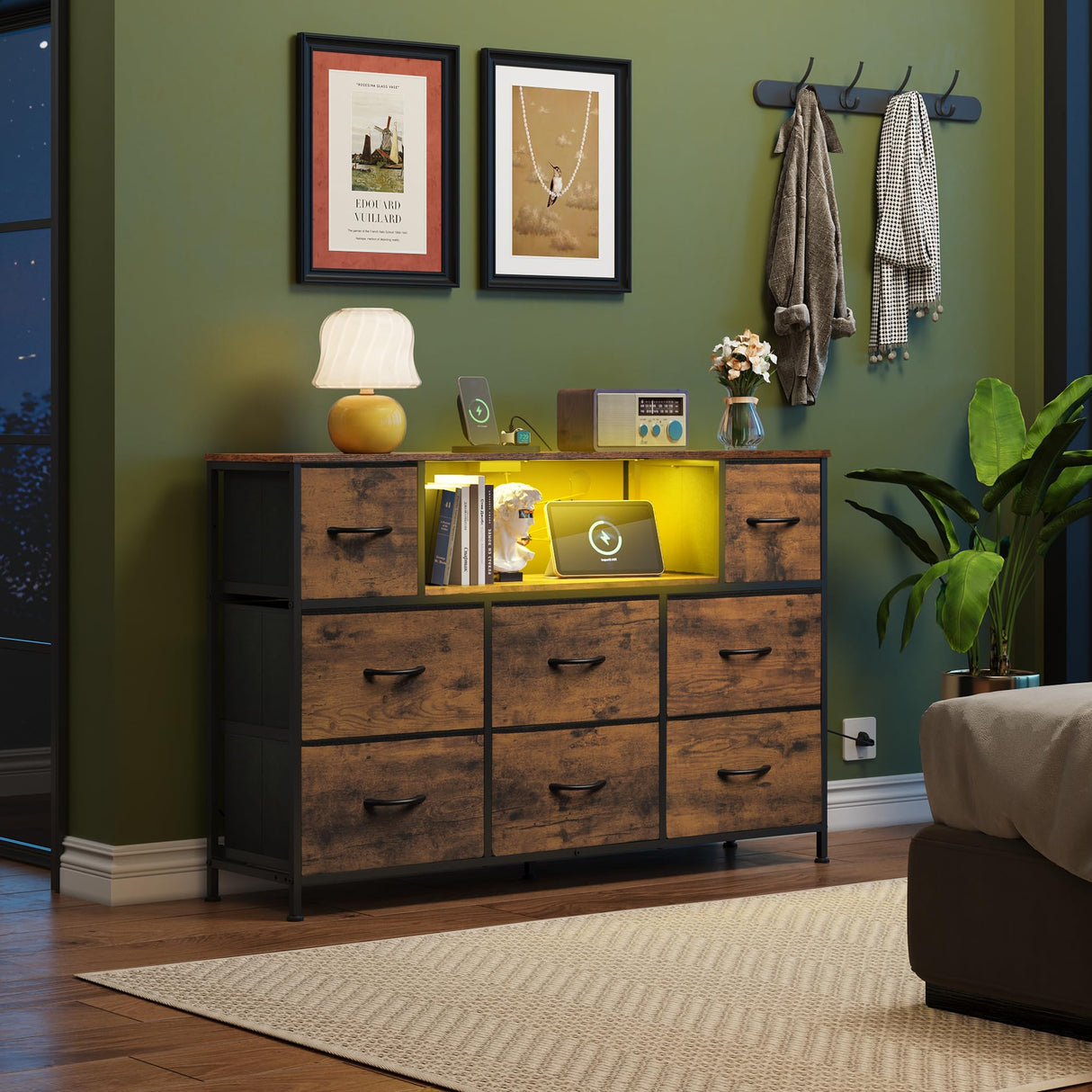 WLIVE Dresser for Bedroom, TV Stand for Bedroom for 55 inch TV with Charging Station and LED Lights, Fabric Chest of Drawers with Open Shelves, 8 Drawers Dressers for Living Room, Closet WLIVE