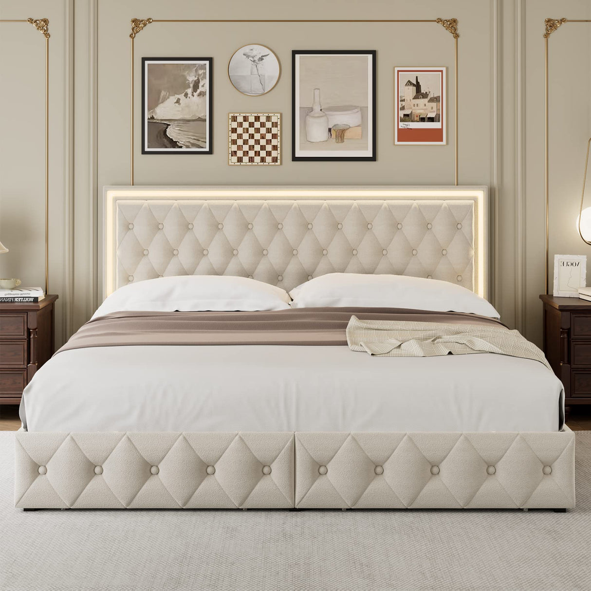 Keyluv Full Upholstered LED Bed Frame with 4 Drawers, Velvet Platform Storage Bed with Adjustable Button Tufted Headboard and Solid Wooden Slats Support, No Box Spring Needed, Beige Keyluv