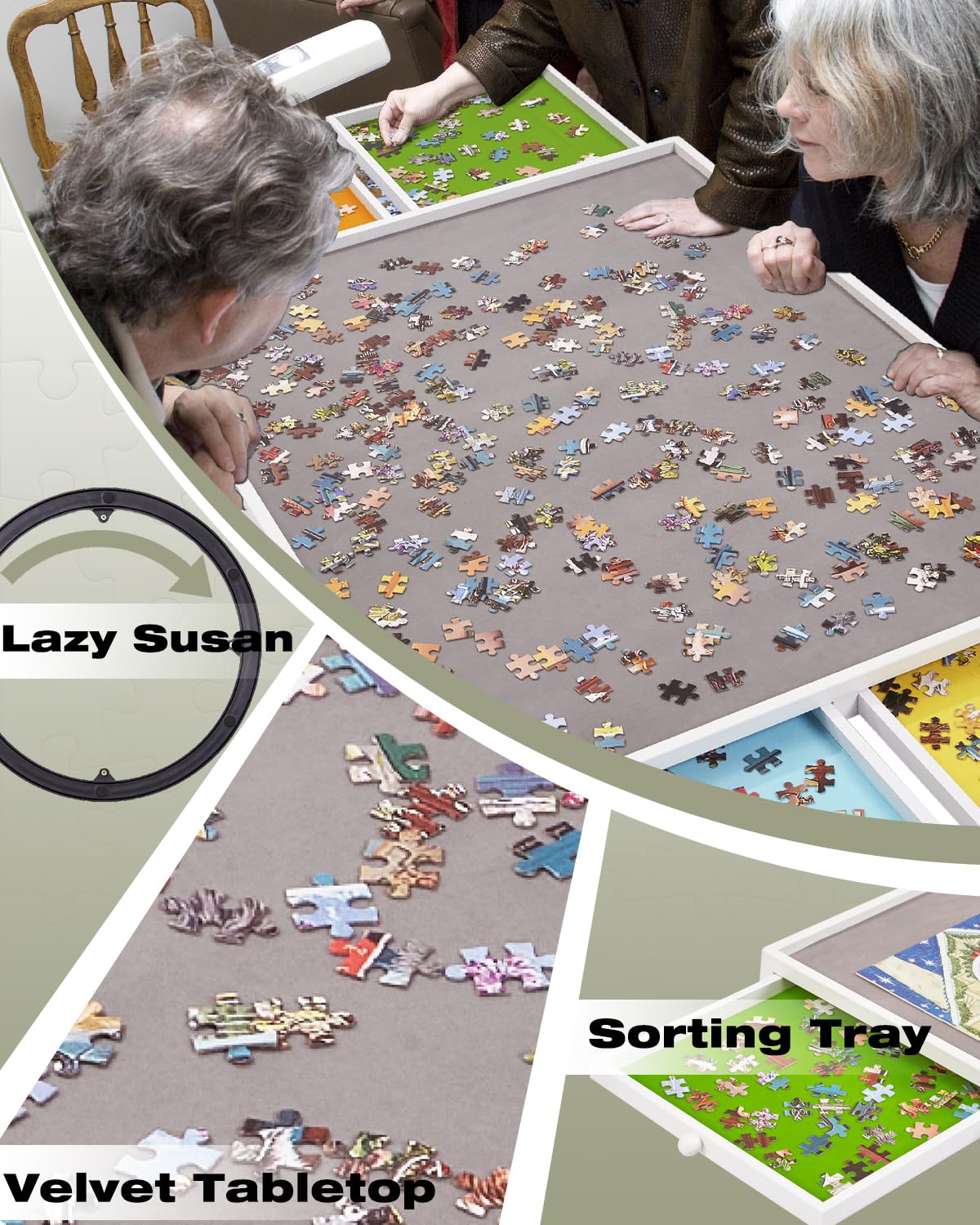 1000 Piece Rotating Jigsaw Puzzle Board with Color-Coded Drawers and Cover, Smooth Wooden Lazy Susan Spinning Puzzle Table, 30'' x 22'' Swivel Puzzle Plateau for Adults and Children, Velvet-Lined XIJ