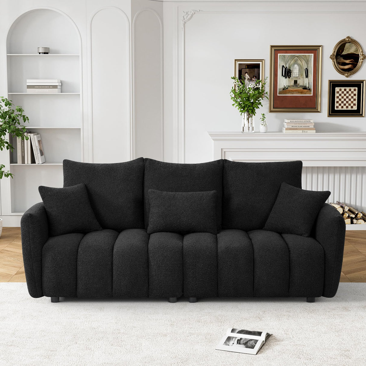 Wrofly Teddy Cloud Sofa Couch, Modern Deep Seat Boucle Sofa, 80.2" Comfy Upholstered Sherpa 3 Seater Couch with 3 Pillows, Oversized Loveseat for Living Room Apartment Office, Black Wrofly