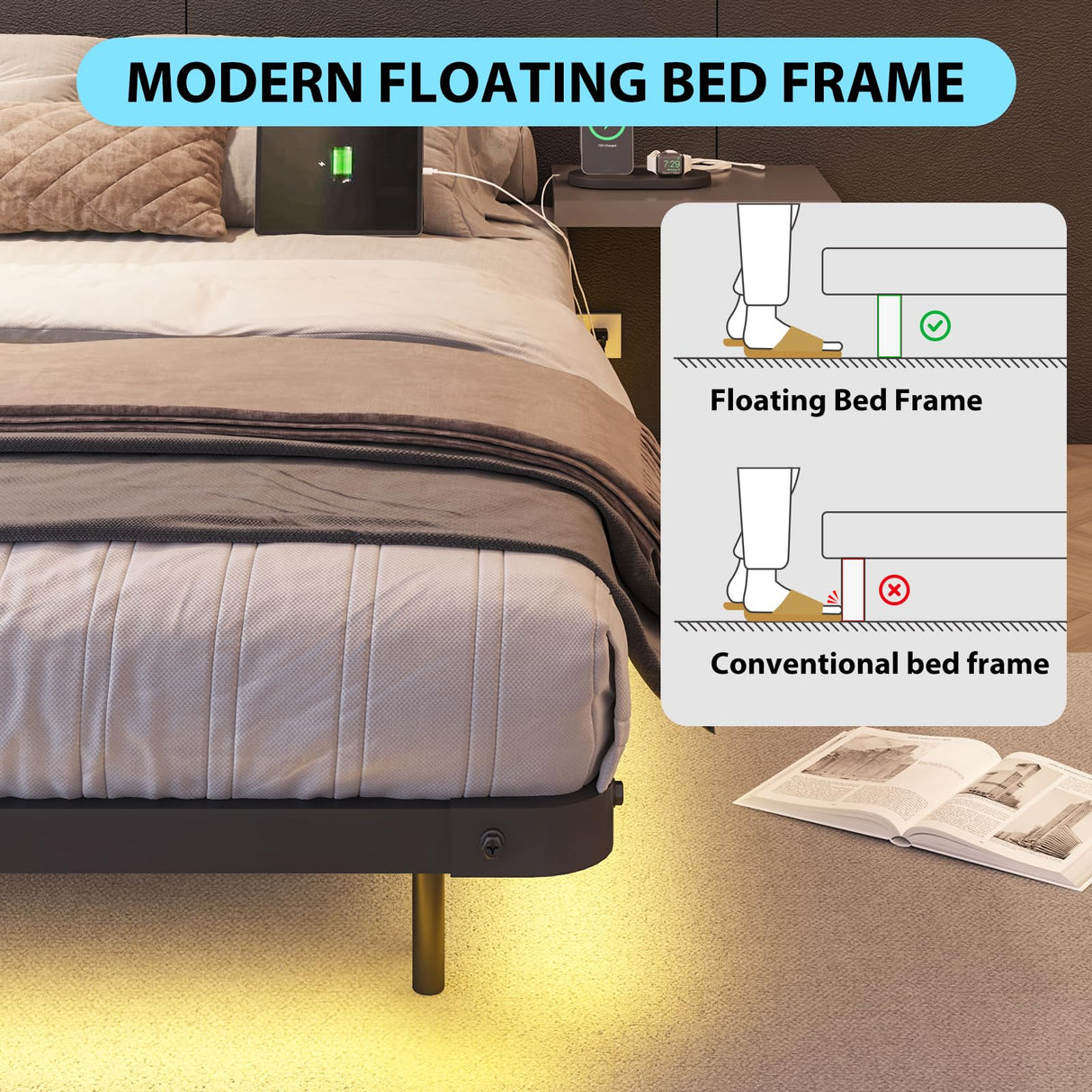 YGEOMER Full Size Floating Bed Frame with Charging Station, Modern Metal Platform Bed Frame with LED Light, Easy Assembly, Black YGEOMER