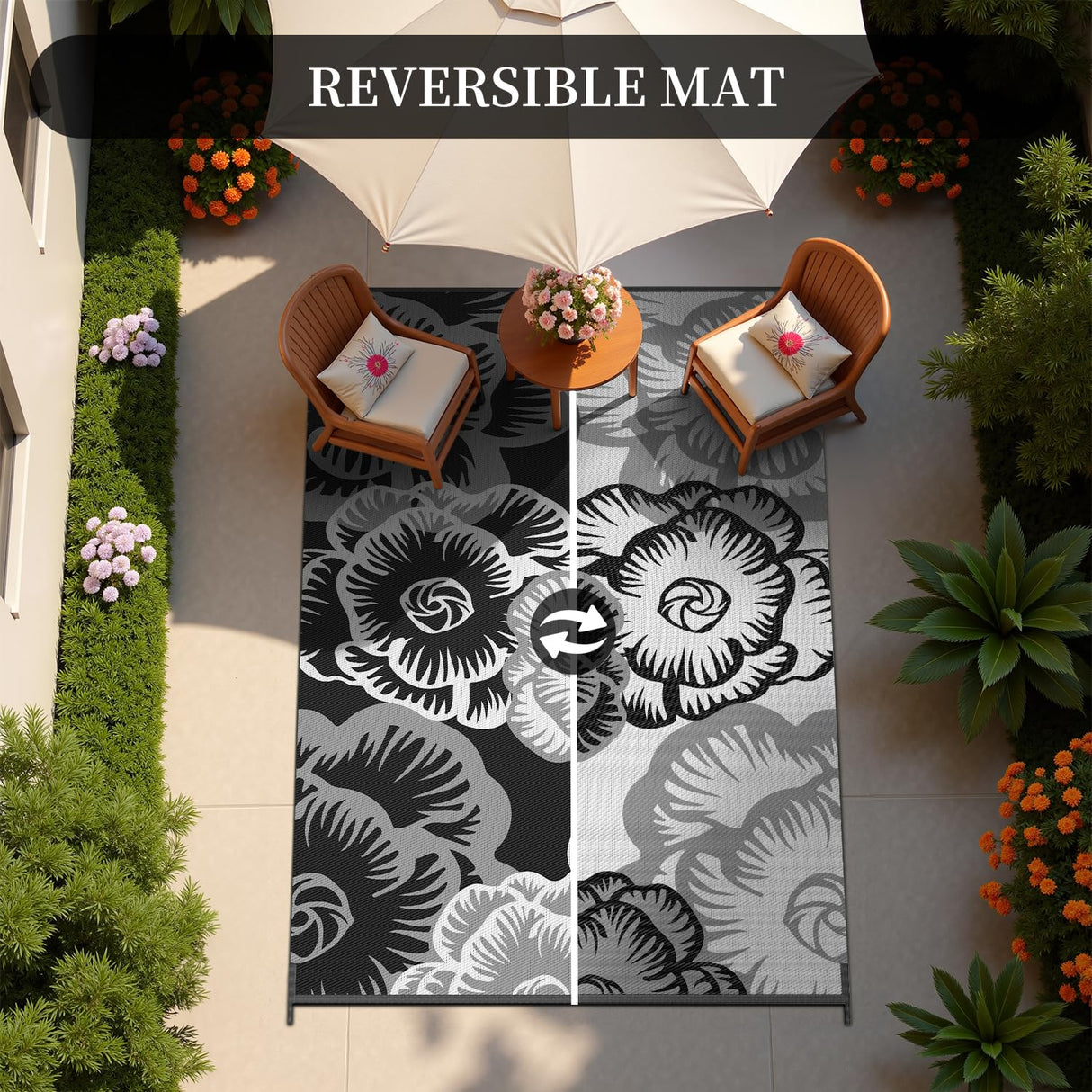 MontVoo Outdoor Rug-Waterproof Patio Rug Mat 5x8 ft Outdoor Carpet Mat Reversible Plastic Straw Outside Outdoor Rug for RV Camping Picnic Beach Balcony Backyard Pool Deck Porch Farmhouse Floral Black MontVoo