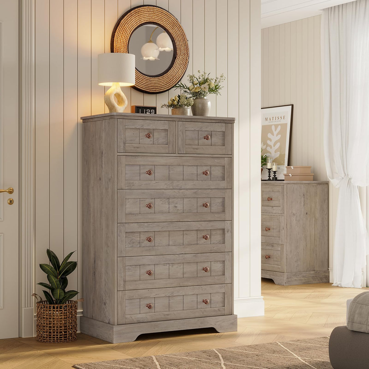 Hasuit Farmhouse Dresser for Bedroom, 7 Drawers Dresser, 51.4"Tall Dressers Chest of Drawers with Hand Carved Panel, Large Wood Closet Storage Organizer Rustic Dressers for Bedroom Living Room Hallway Hasuit