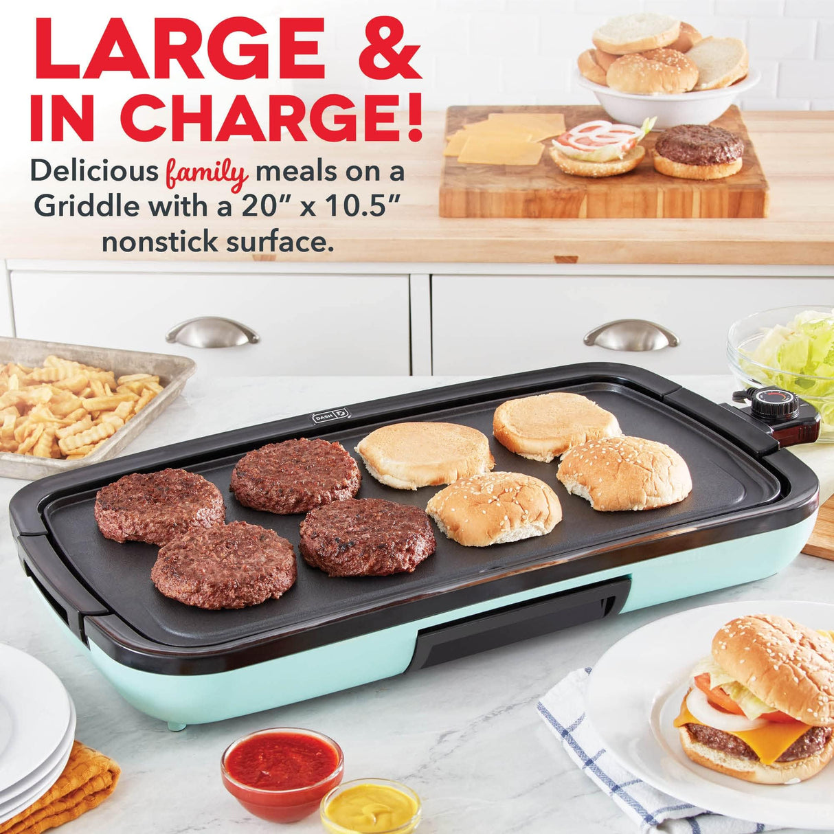 DASH Deluxe Everyday Electric Griddle with Dishwasher Safe Removable Nonstick Cooking Plate for Pancakes, Burgers, Eggs and more, Includes Drip Tray + Recipe Book, 20” x 10.5”, 1500-Watt - Aqua DASH