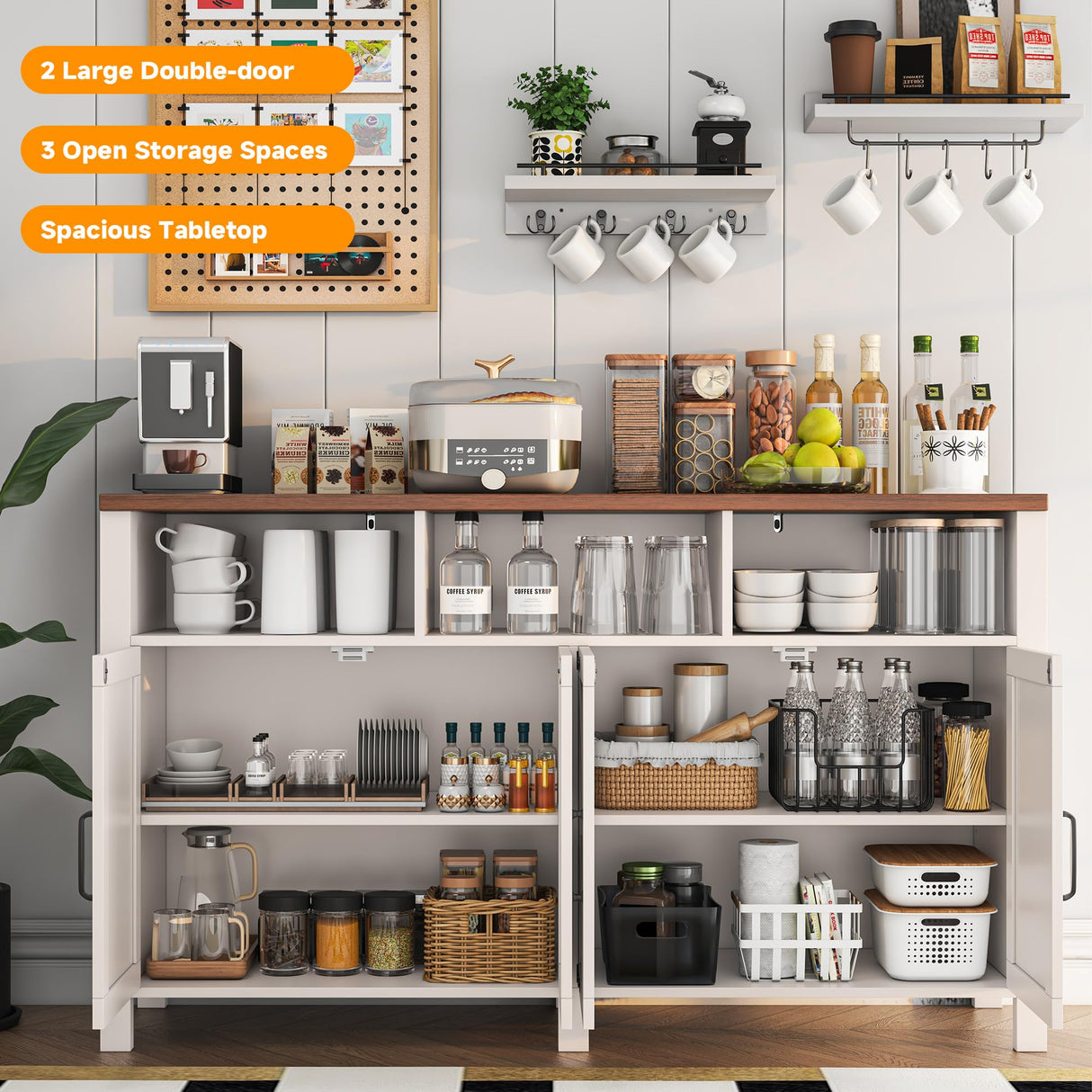 knoworld Buffet Sideboard with Storage Farmhouse with 4 Doors, 55'' Large Kitchen Storage Cabinet Wood Coffee Bar Cabinet Buffet Table with Shelves for Kitchen, Dining Room, Entryway knoworld