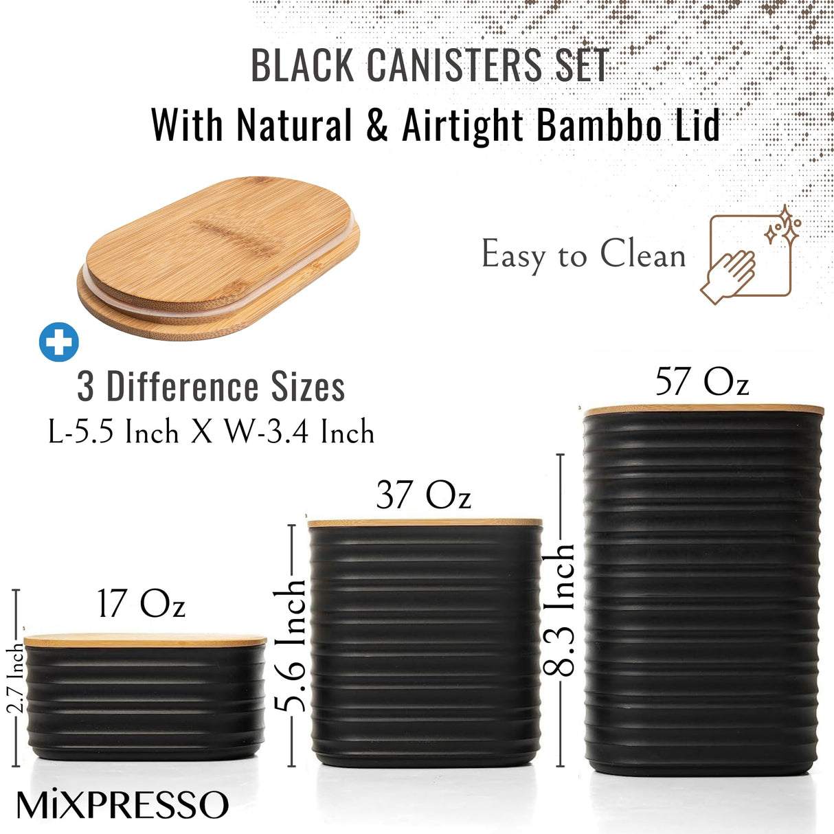 Mixpresso 3 Piece Black Canisters Sets For The Kitchen, Airtight Plastic Canister With Bamboo Lid, Coffee And Sugar Canister Set, Decorative Sugar Container, Kitchen Decor For Counter Mixpresso