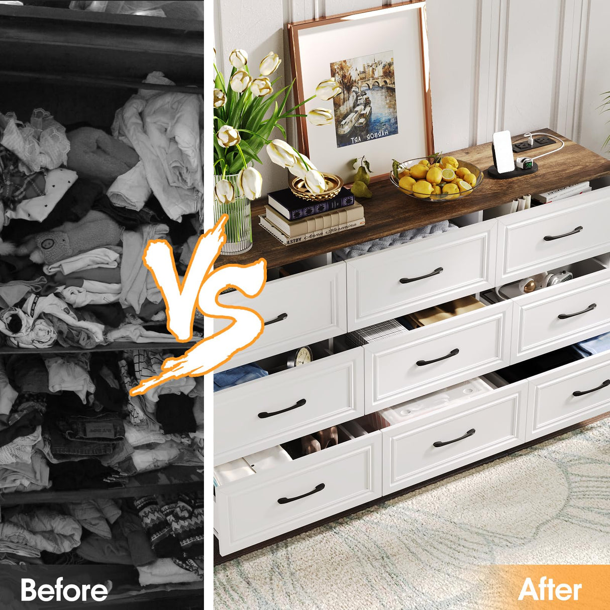 Fameill Dresser for Bedroom, 9 Drawer Wide Dresser Organizer with Charging Station, Tall Dresser for Hallway, Wood Dresser with Metal Handles, Farmhouse White Fameill