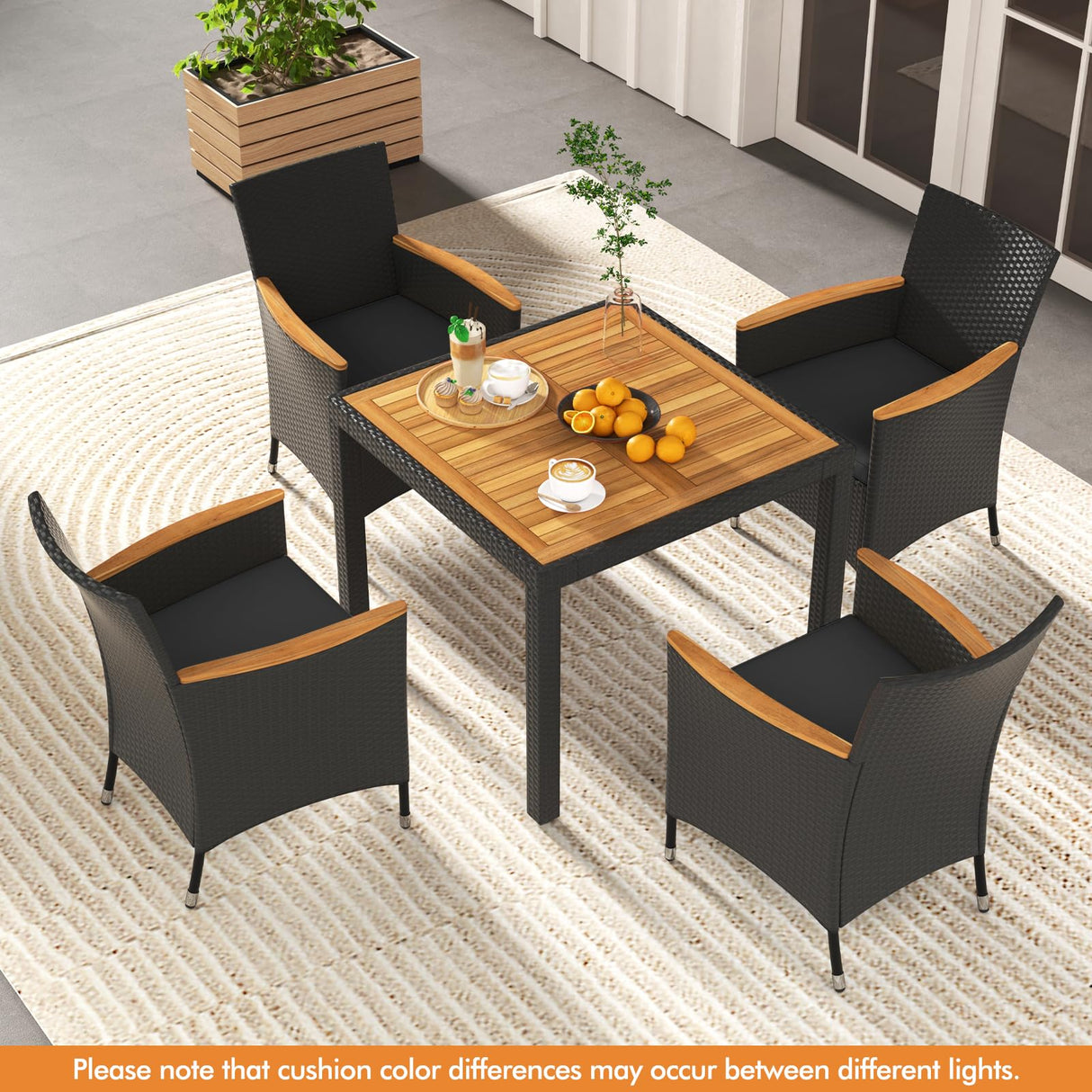 Tangkula 5 Pieces Patio Dining Table Set for 4, Rattan Conversation Set with Umbrella Hole, Seat Cushions & Acacia Wood Tabletop, Outdoor Dining Table with 8 Chairs for Backyard (Black) Tangkula