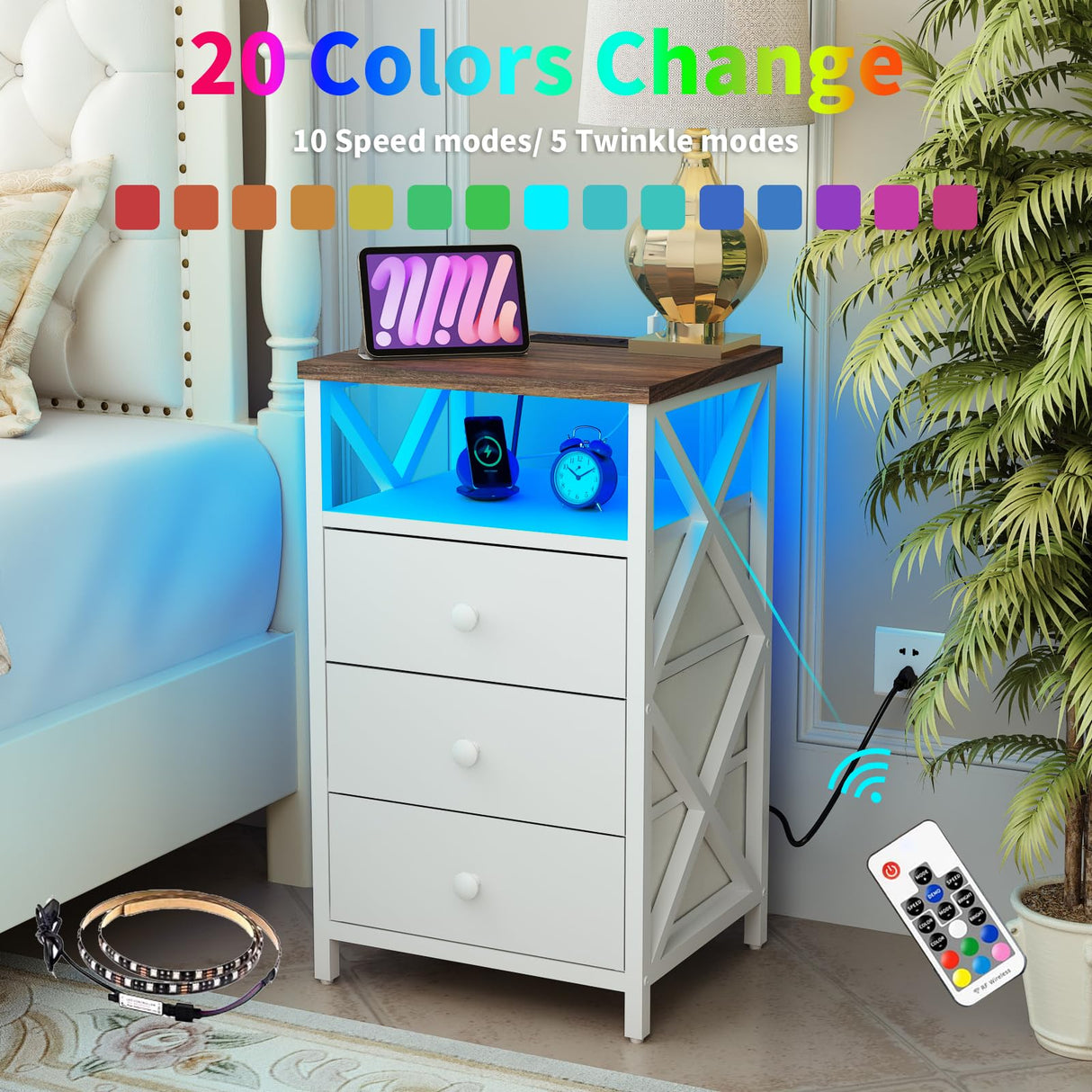 LTTDOUK LED Nightstand with Charging Station, Tall Dresser for Bedroom with LED Light, Side Table Bedside Tables with USB Ports and Outlets, White End Table with Drawer for Bedroom, Living Room LTTDOUK