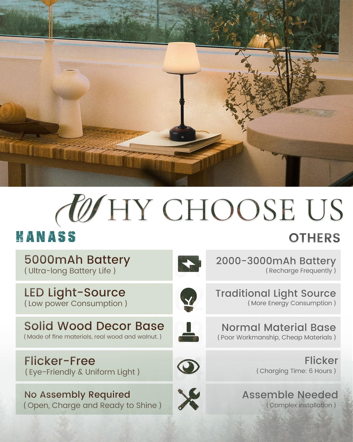 HANASS Cordless LED Table Lamp, Black Desk Lamp with Solid Wood Base, Patio Table Lamp Built-in Rechargeable Battery, 3-Level Brightness Dimmable,Wireless Bedside Night Lamp MT2315 HANASS